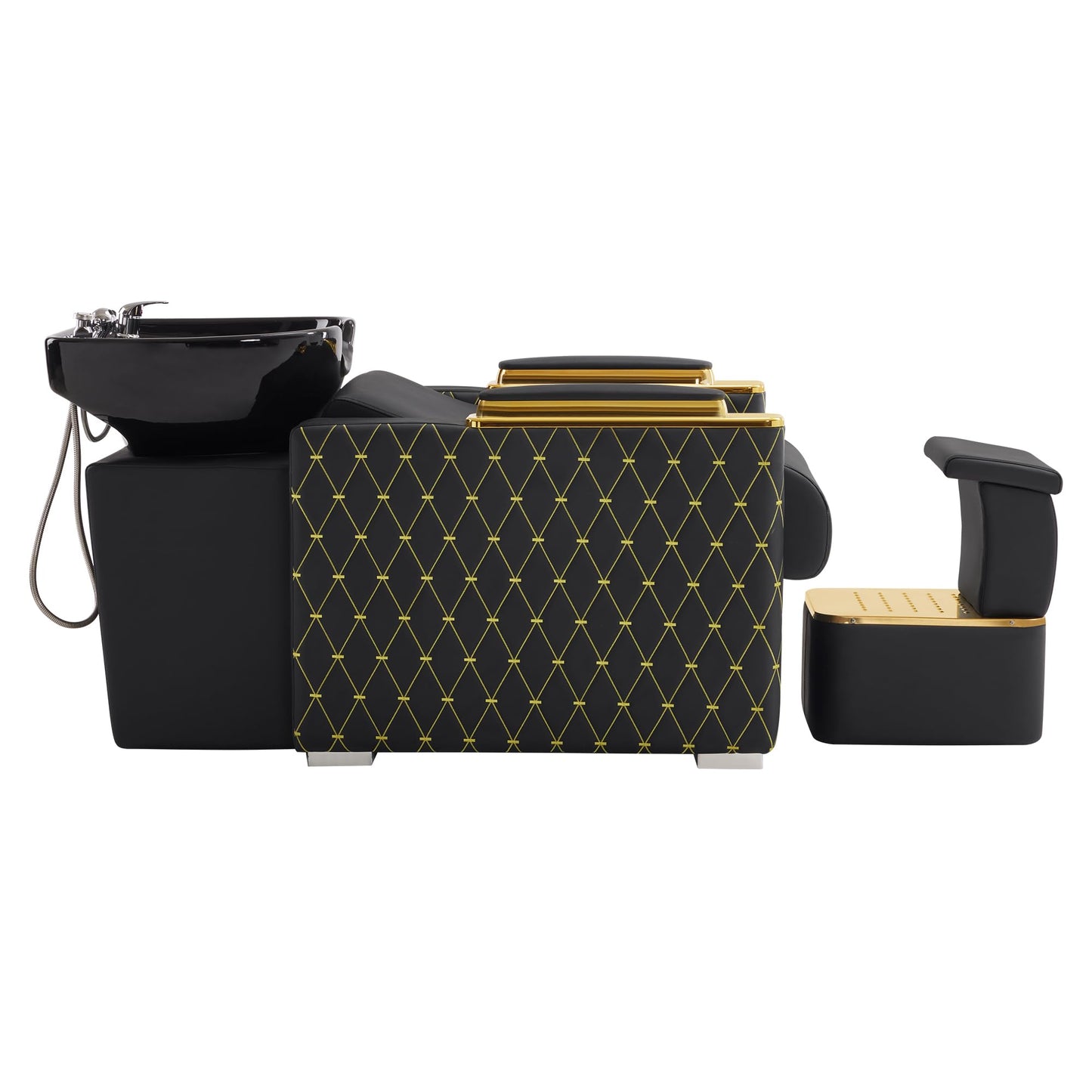BarberPub Backwash Shampoo Station Chair with Porcelain Ceramic Hair Wash Bowl, Vacuum Breaker, Professional Black&Gold Shampoo Chair for Salon and Spa 8613 (Black&Gold)