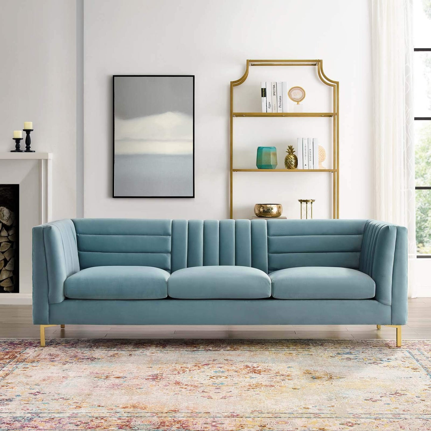 Modway EEI-3454-LBU Ingenuity Channel Tufted Performance Velvet Sofa, Light Blue