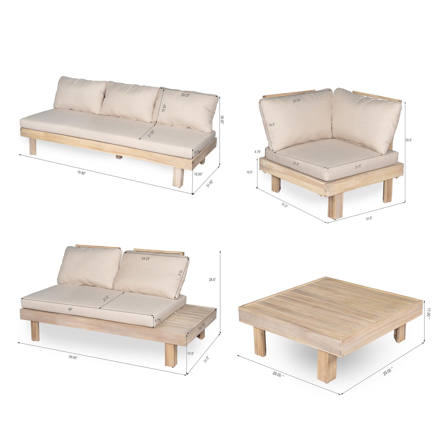 Merax 5 Piece Paito 8-Seaters Conversation Set, All-Weather Acacia Wood L-Shaped Sofa with Side Tables and 3-Seater Sofa Bed with Cushions,Outdoor Sectional Couch Set for Backyard, Light White+Sand