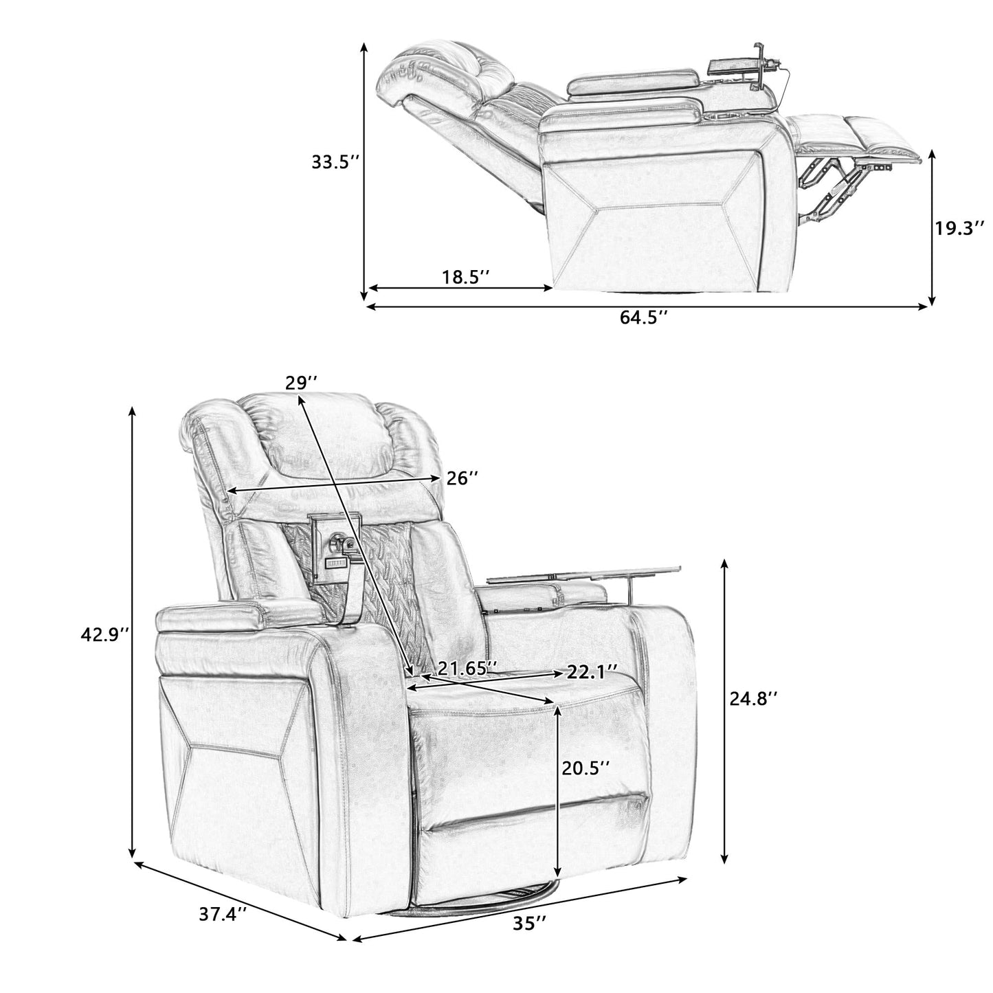 Ball & Cast Power Recliner Chair,270 Degree Swivel PU Leather Home Theater Seating for Living Room,Soft Individual Chair with Tray Table, Phone Holder,Cup Holder,USB Port,Hidden Arm Storage,White