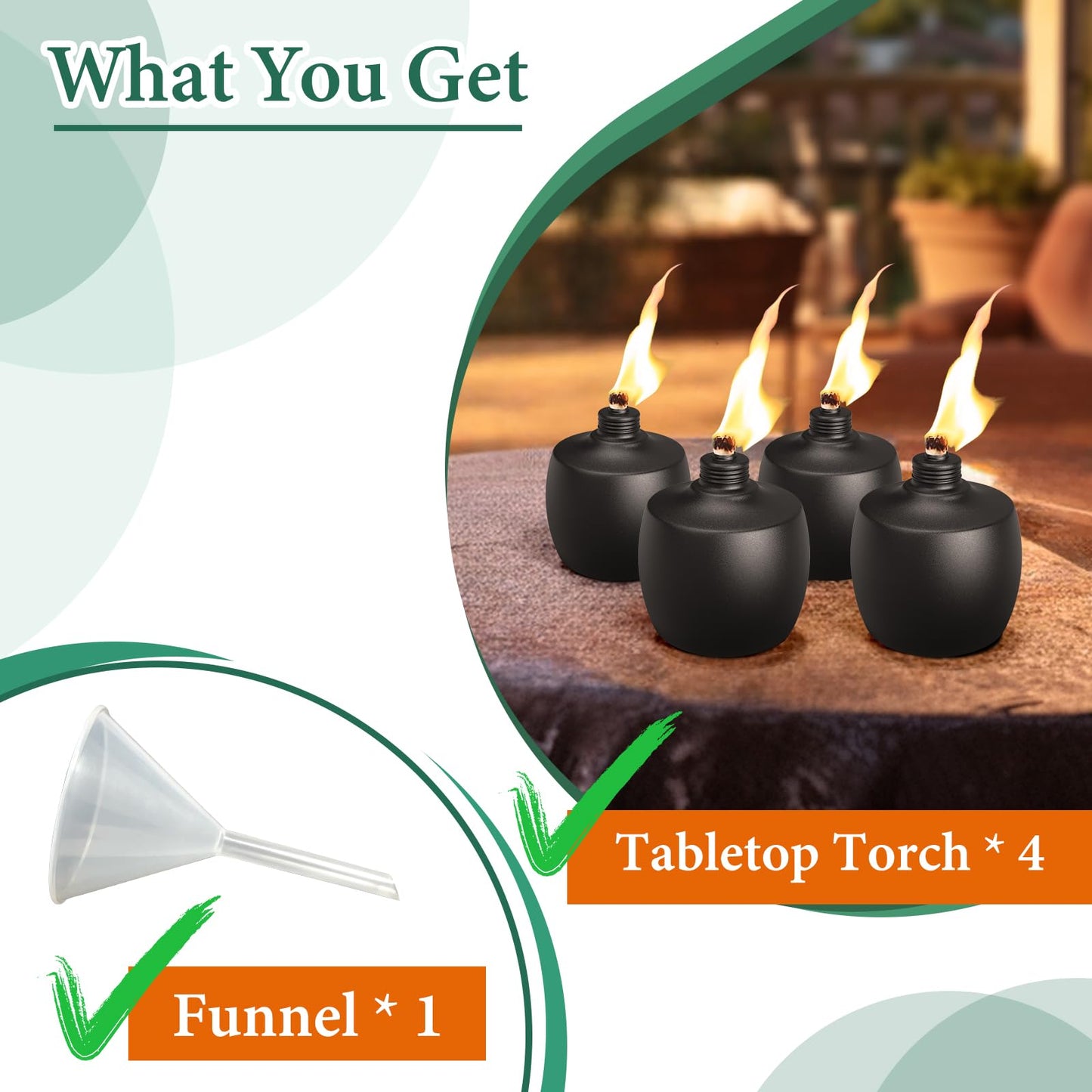MQKIWAO 4-Pack Citronella Tabletop Torches, 21 oz Metal Oil Burner Candles for Outdoor Use, Black, Model ZMYG-4P