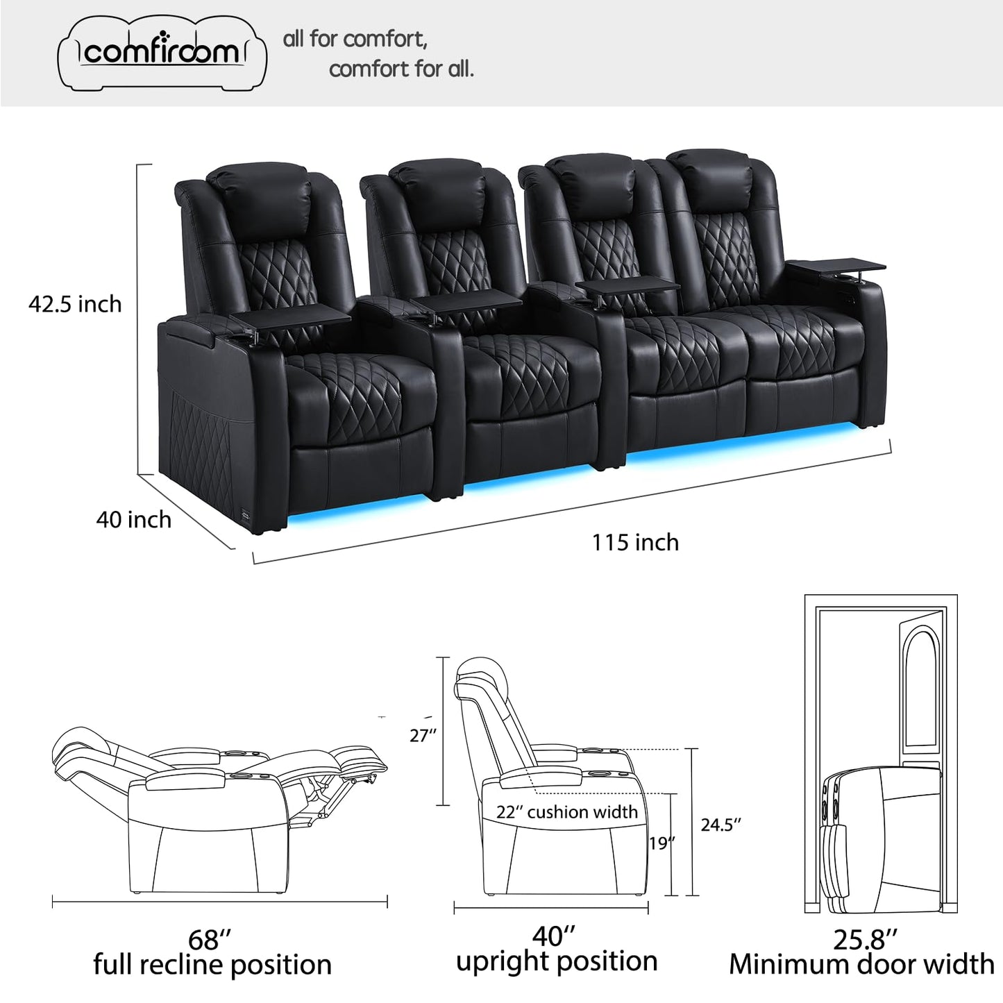 comfiroom Home Theater Seating Seats Classic Series Top Grain Leather Loveseat Recliner Chairs Dual Power Movie Gaming Sofa Chair Electric Headrest with Tray Table (Black, Row of 4 Loveseat Right)