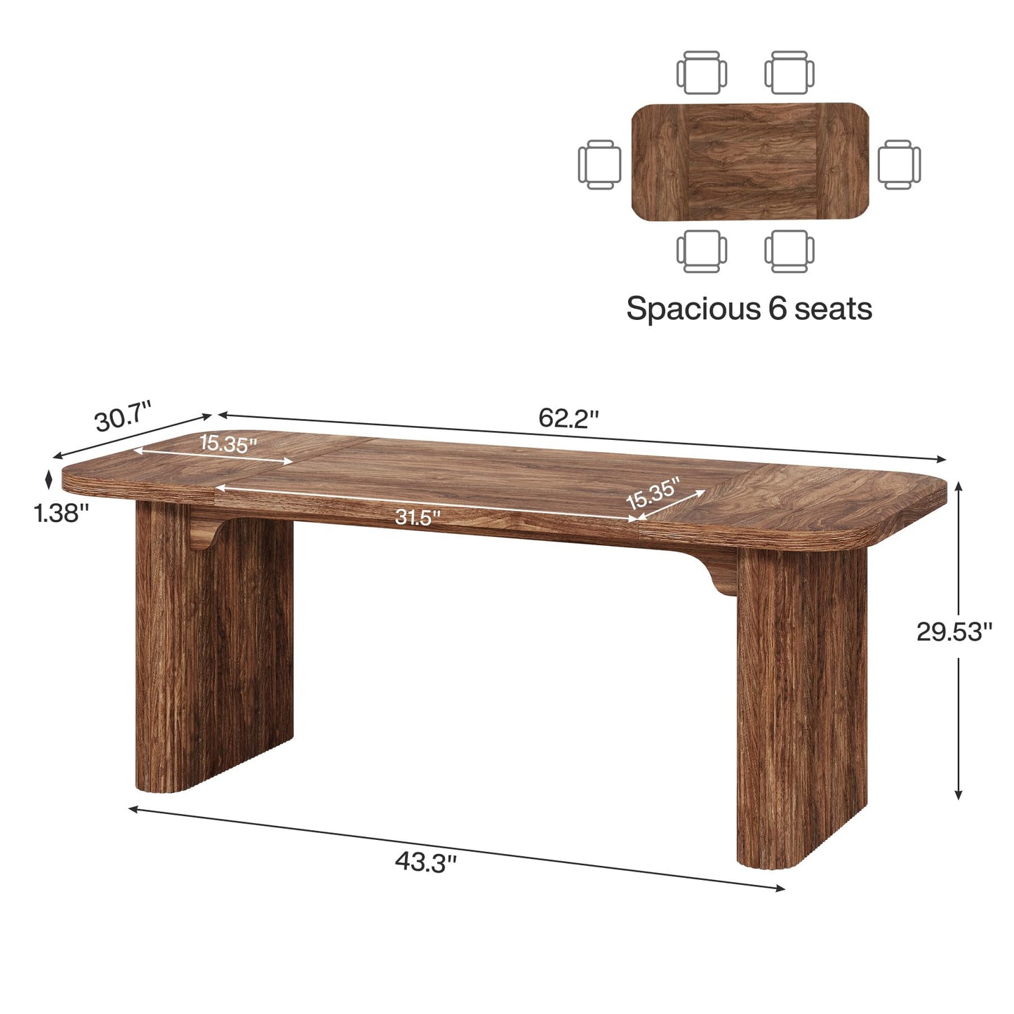 Tribesigns Modern Dining Table for 6 People, 62-Inch Dark Brown Kitchen Table with Double Robust Pedestal, Long Rectangle Wood Dinner Table for Dining Room