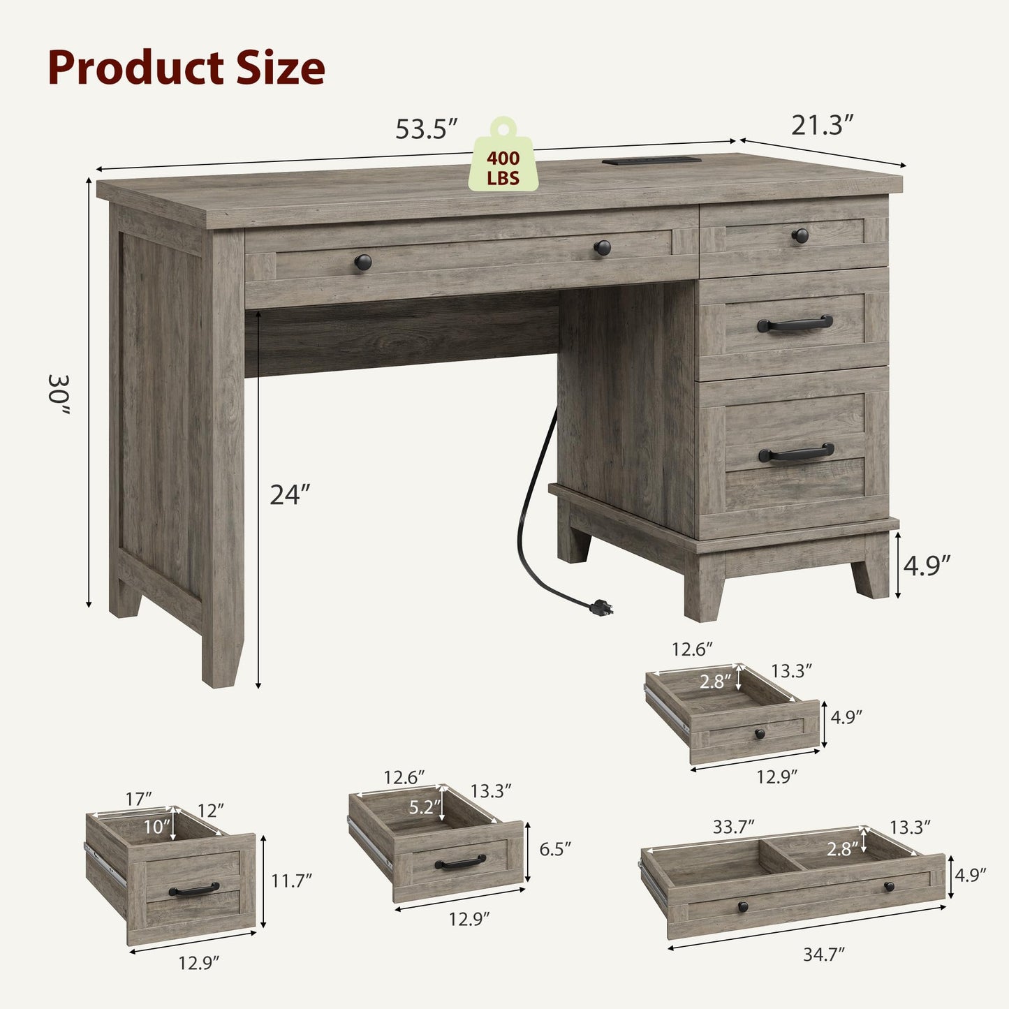 GarveeHome Farmhouse Executive Desk with Drawers, 53.54 in Home Office Desk with Charging Station, Wooden Computer Desk with File Cabinet Storage for Work Study Writing, Rustic Gray