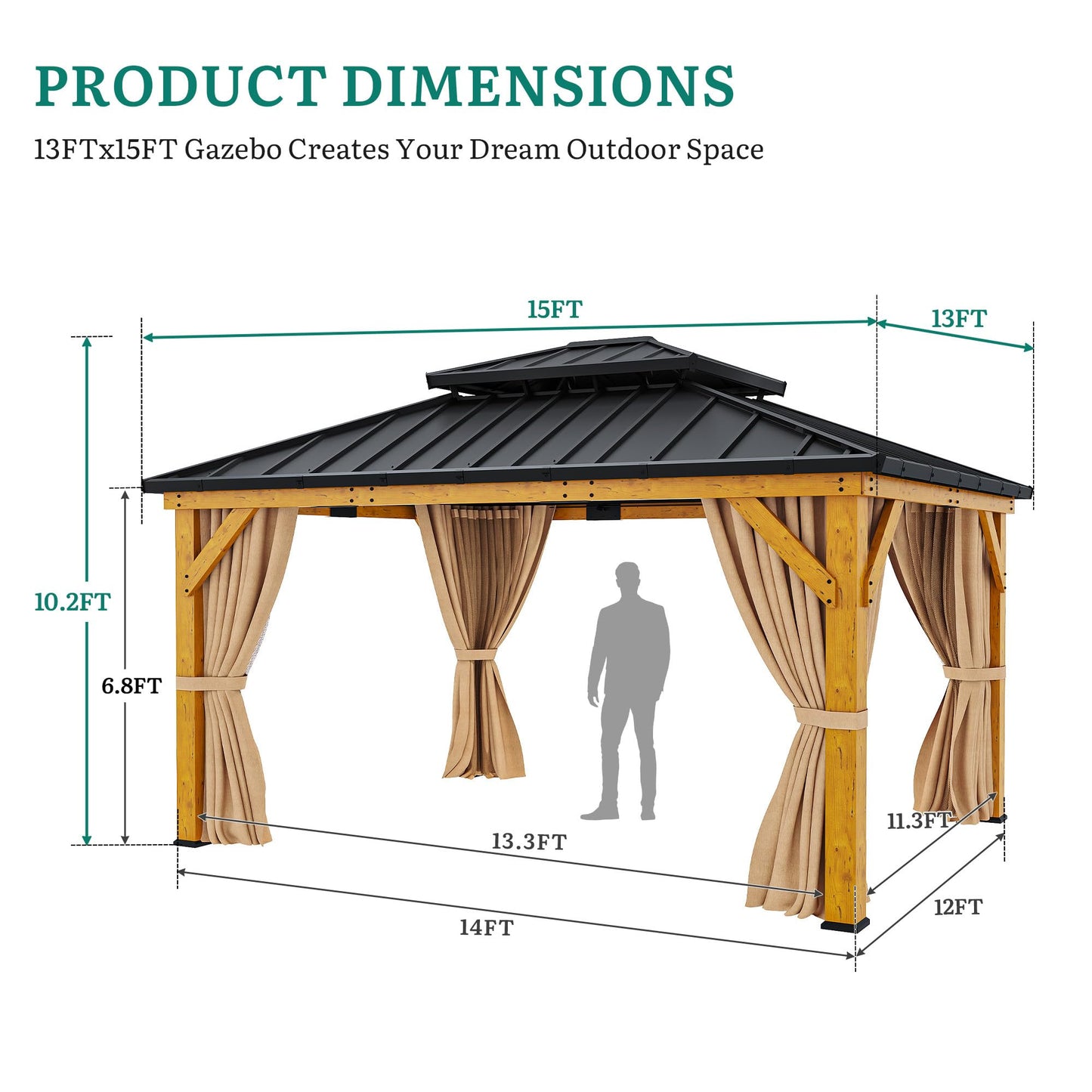 YITAHOME 13x15ft Wood Gazebo Outdoor Wooden Frame Double Roof Hardtop Galvanized Steel Top Canopy w/Curtain and Netting, Patio Heavy Duty Gazebo for Deck, Backyard, Golden