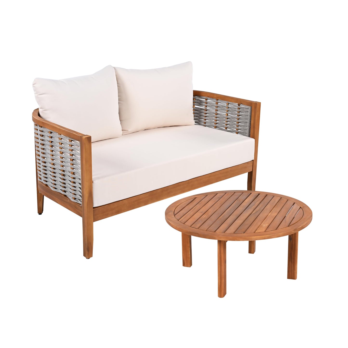 Merax 2 Pieces Acacia Wood Patio Furniture Set, Outdoor Woven Rope Conversation Sets with Deep Seating Soft Cushions Loveseat and Round Coffee Table for Backyard, Porch, Balcony, Garden, Teak & Beige