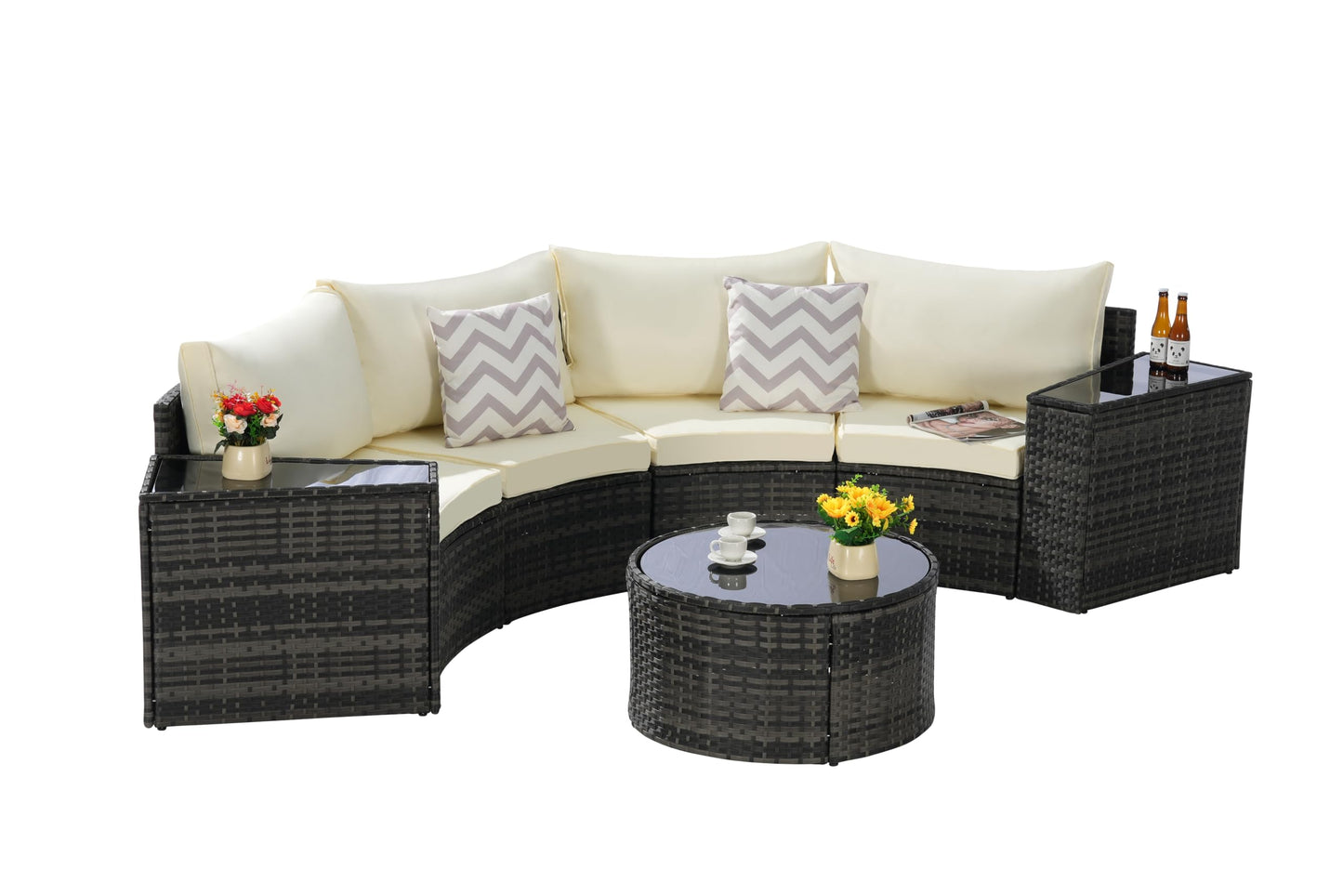 KEIKI 7-Piece Half-Moon Outdoor Patio Furniture Set, Rattan Patio Conversation Set with Coffee Table & 2 Sofa Side Table & 4 Curved Armless Sofa, Wicker Curved Sectional Sofa Set, for Backyard, Beige