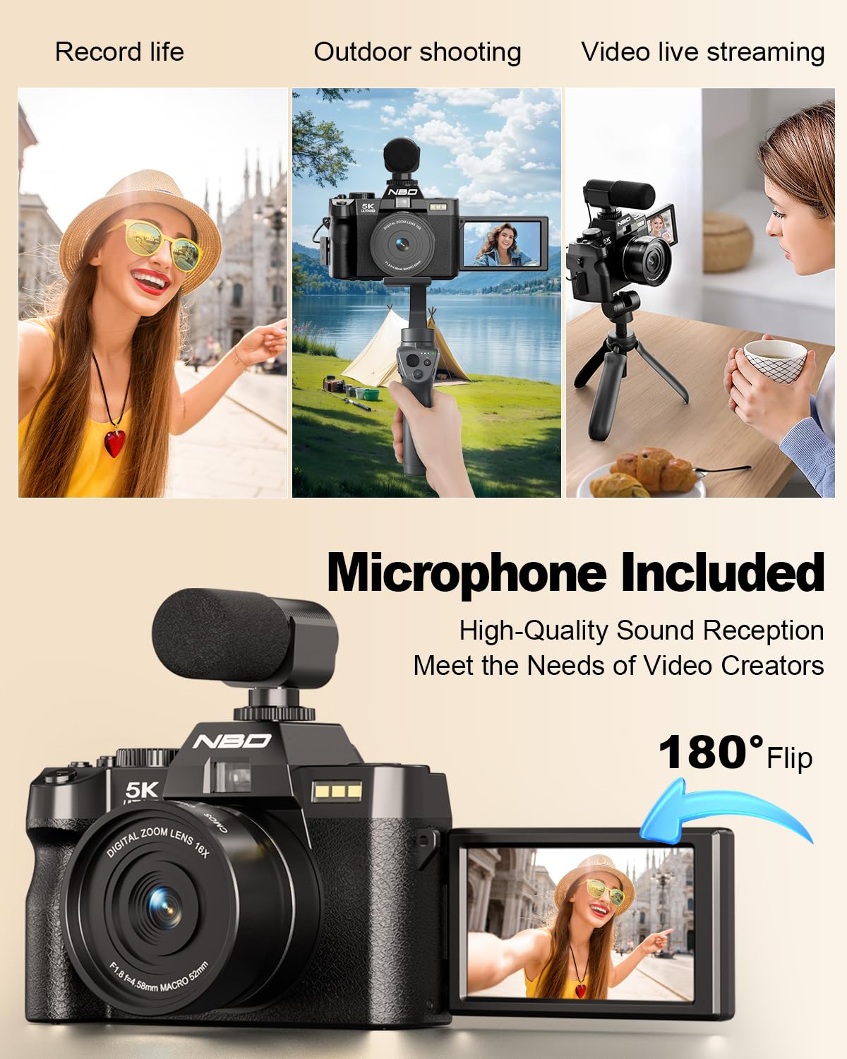 NBD 5K Digital Cameras for Photography - 16X Zoom Travel Camera with 180° Flip Screen, 64MP Vlogging Cameras Fotograficas for YouTube, 2 Batteries & 64GB TF Card,Auto Focus, Macro Lens (Black)
