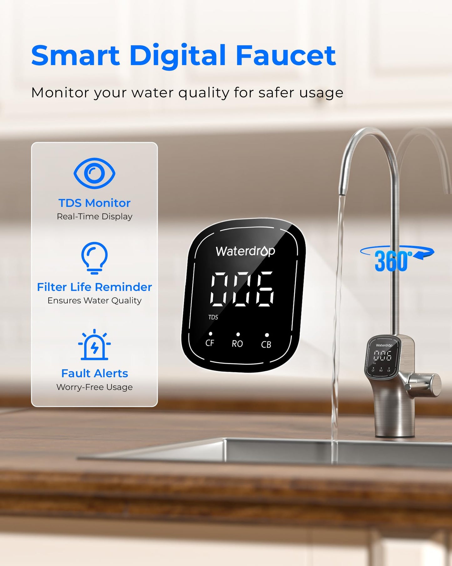 Waterdrop G3P800 Reverse Osmosis System, 800 GPD Fast Flow, NSF/ANSI 42 & 53 & 58 & 372 Certified, 3:1 Pure to Drain, Tankless Under Sink RO Water Filter System, LED Purifier, Smart Faucet