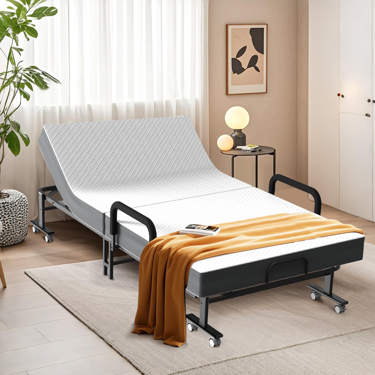 OSTYRA Folding Guest Bed with Mattress and 6 Position Adjustable Backrest for Adults, Metal Folding Trundle Bed, Office Nap, Lunch Break, Comes with Folding Bed for Convenient Storage