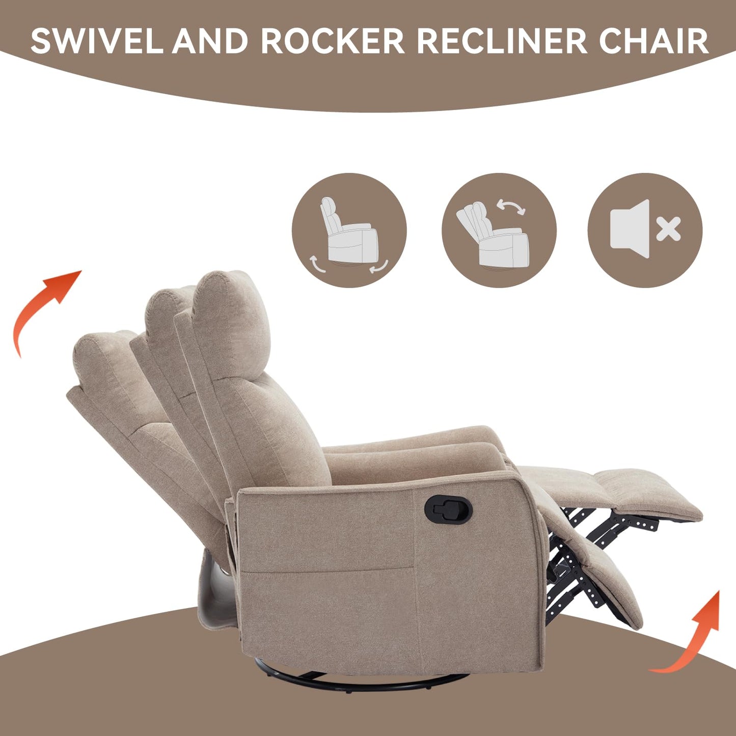 KEIKI 4-in-1 Manual Swivel Rocker Recliner Chair for Home Living Room, Polyester Chair with Back Massager & Heat, Home Theater Seating with Lumbar Support, Soft Recliner Office Chair for Adult, Khaki