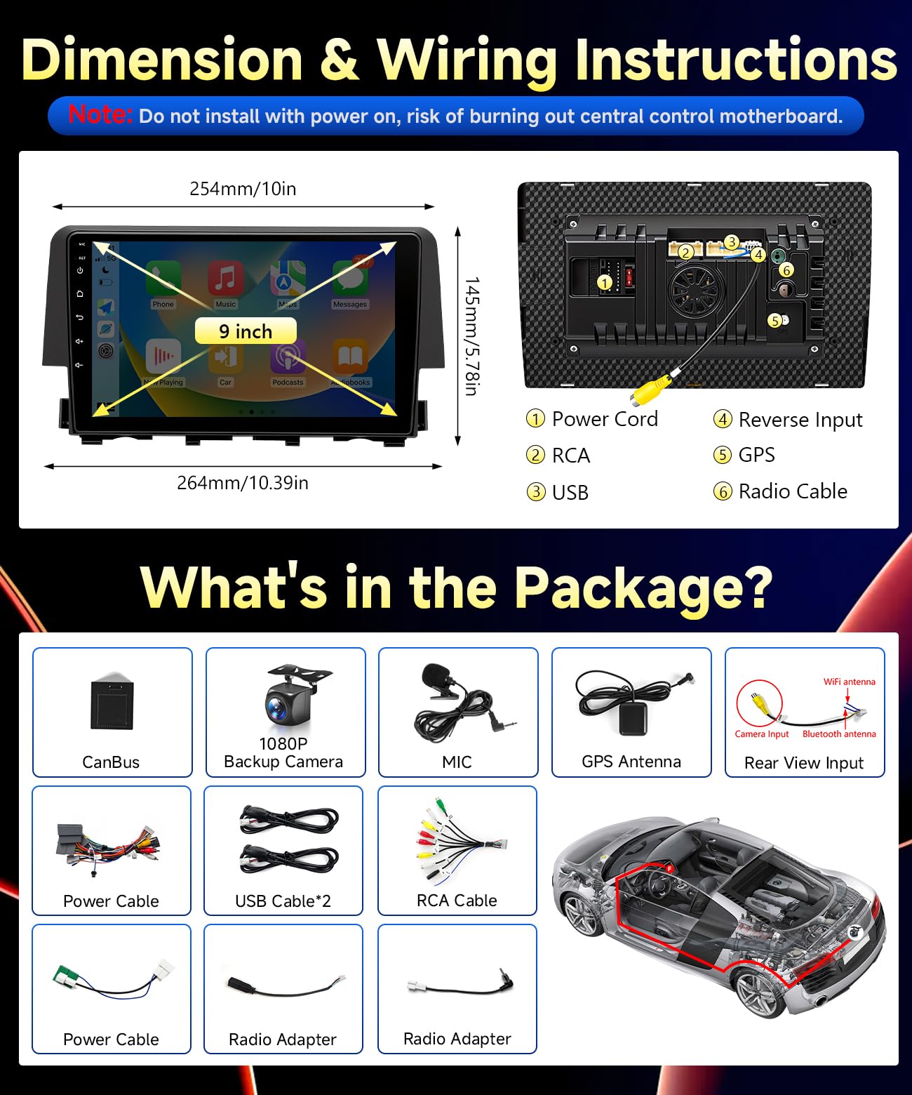 VQU 8Core Car Radio for Honda Civic 2016-2021 Android Touch Screen for Civic Stereo with Apple Carplay Android Auto GPS Navi Bluetooth 5.1 SWC FM WiFi Voice Control RCA RDS DSP Backup Camera, 4G+64G