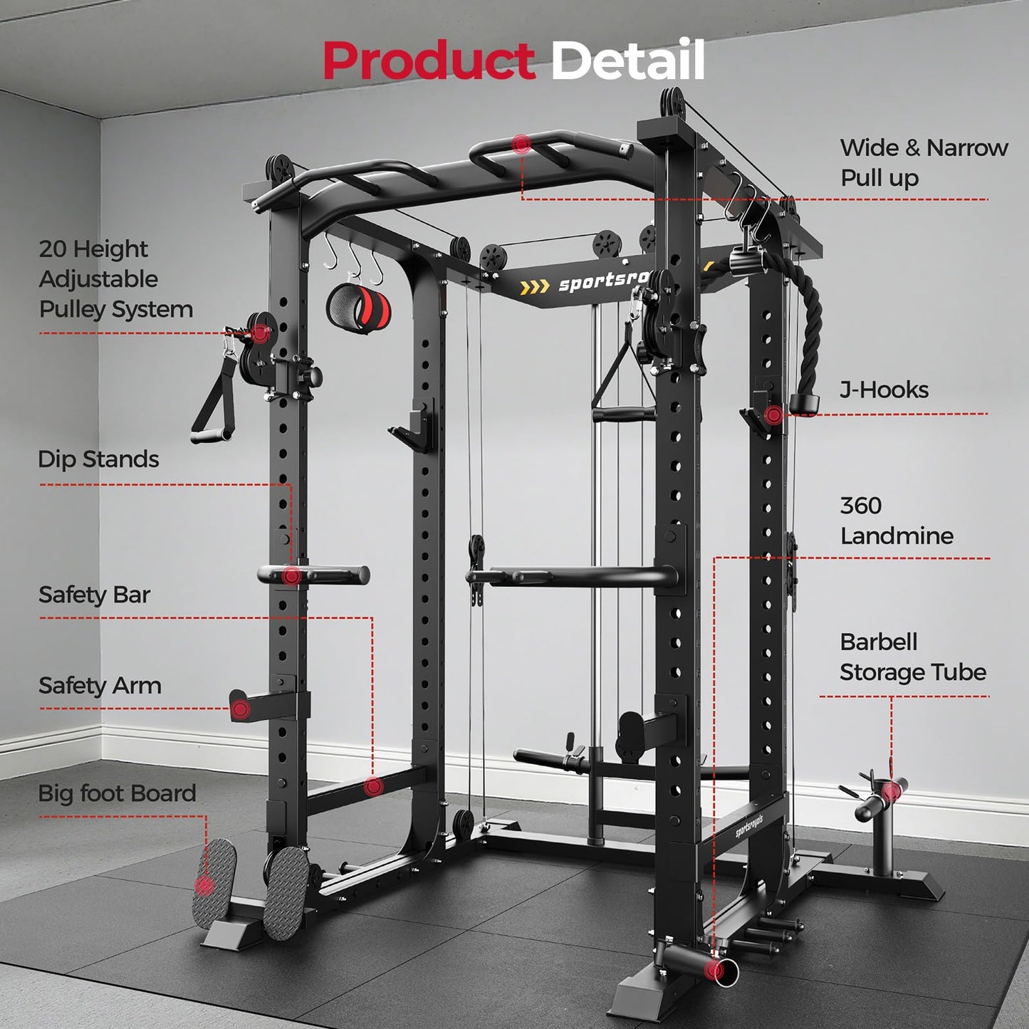 Sportsroyals Power Cage, Multi-Functional Squat Rack, Power Rack with Pulley System & LAT Pull Down, Workout Cage with J Hooks for Home Gym