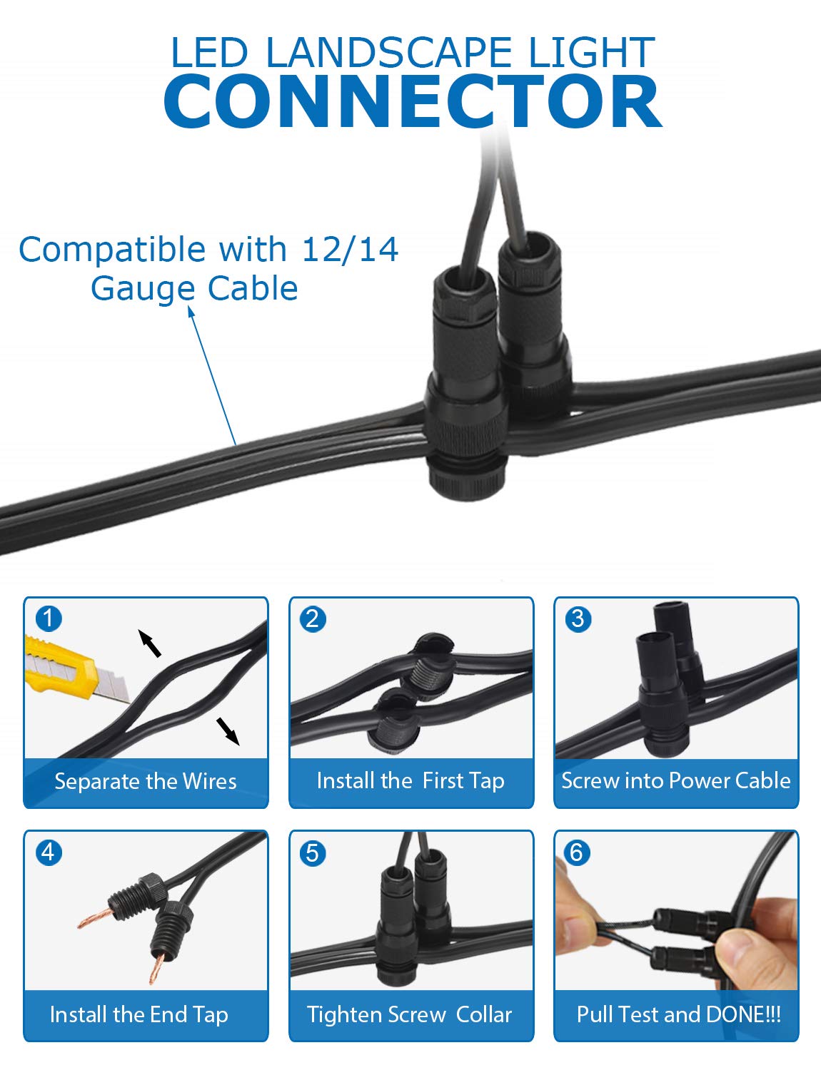 SUNVIE Landscape Lighting Wire Connectors, 12-16 Gauge, Fastlock, Black, Model LVCO-01-100, 100 Pack