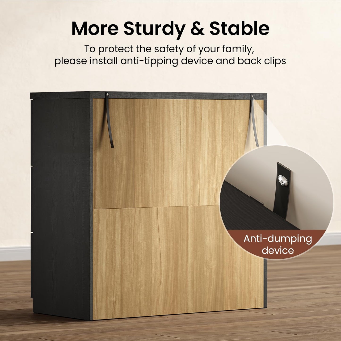 ModernMate 3 Drawer Dresser for Bedroom, Black Wood Grain Wide Nightstand and Chest of Drawers with Wave-Panel Front, 31" Tall Modular Storage Cabinet for Living Room