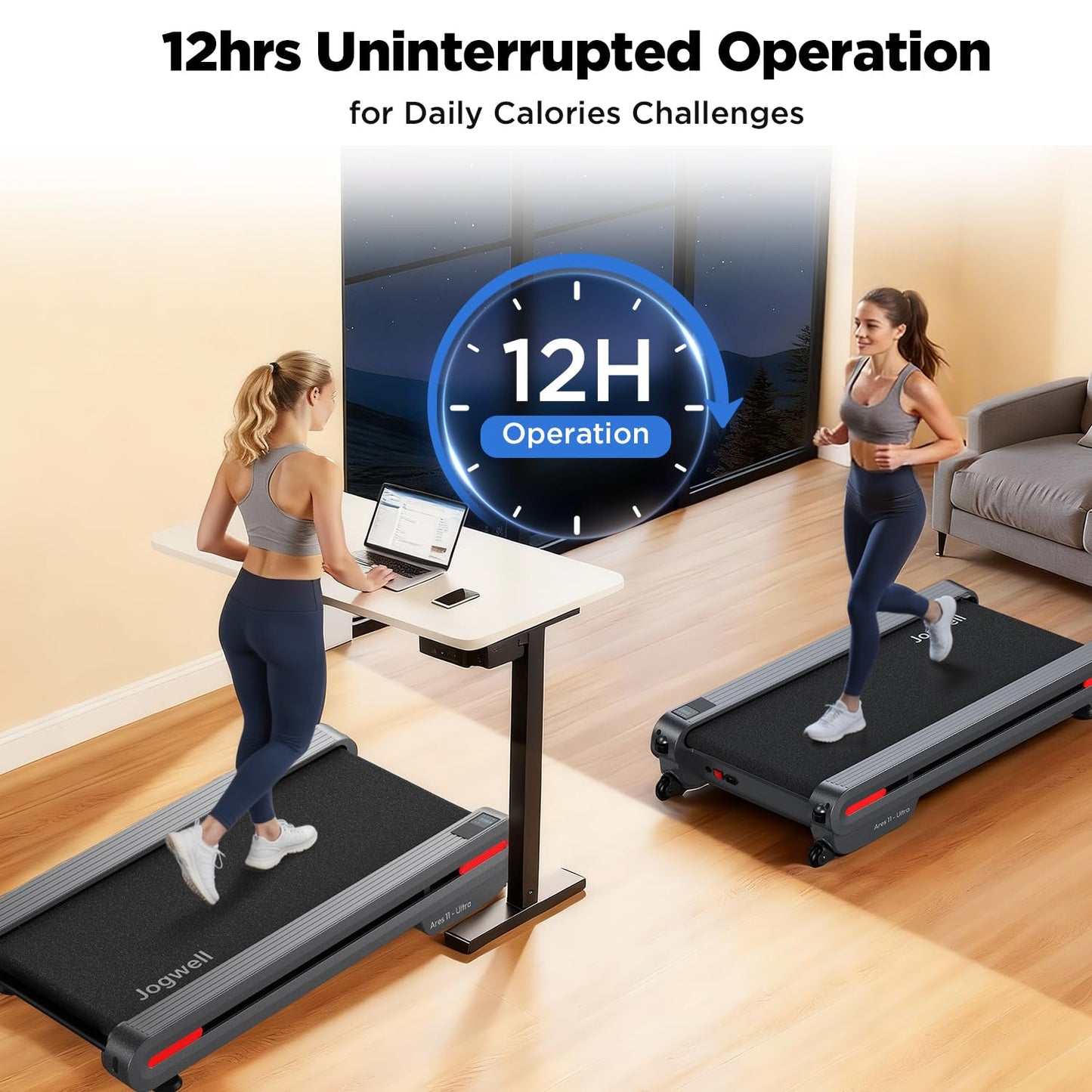 Jogwell Walking Pad Treadmill with 12%/20% Auto Incline, 3.5HP Brushless Ultra-Quiet, Under Desk Treadmill for Home Office, 400 LBS Capacity, 30% Wider Deck, Vertical Storage, Ares 11 Ultra-Enh Black