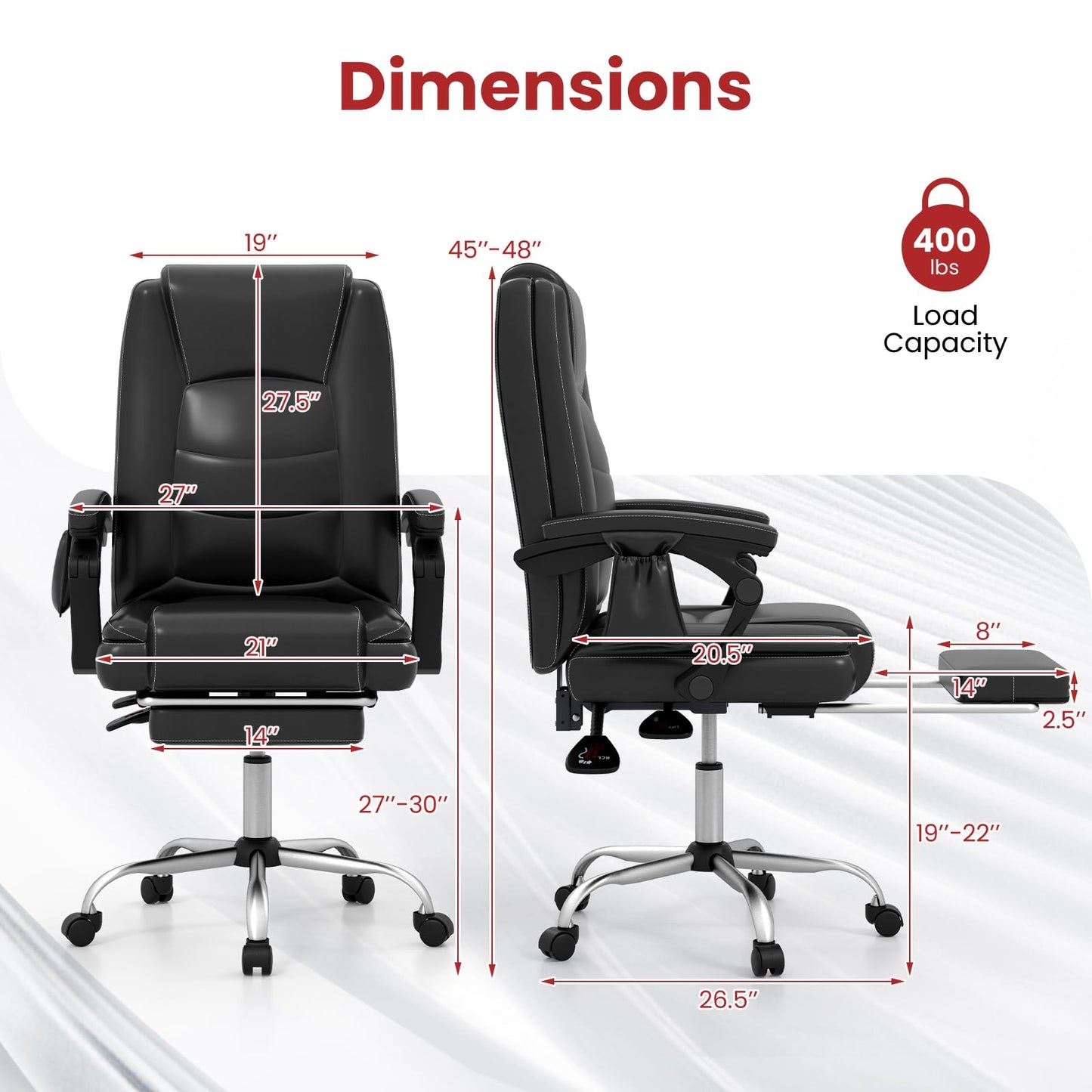 COSTWAY Big and Tall Office Chair, 6-Point Massage Desk Chair with Retractable Footrest, Reclining Backrest & Adjustable Swivel Seat, PU Leather Executive Chair with Wheels, 400 LBS Capacity, Black