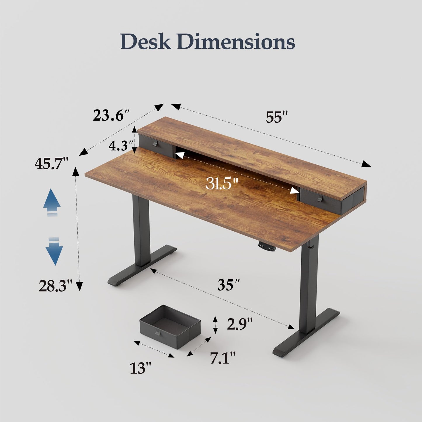 Klicelor 55 x24 Inch Electric Standing Desk with Drawers, Adjustable Height Small Sit Stand Desk for Home Office, Compact Computer Workstation with Storage– Rustic Brown