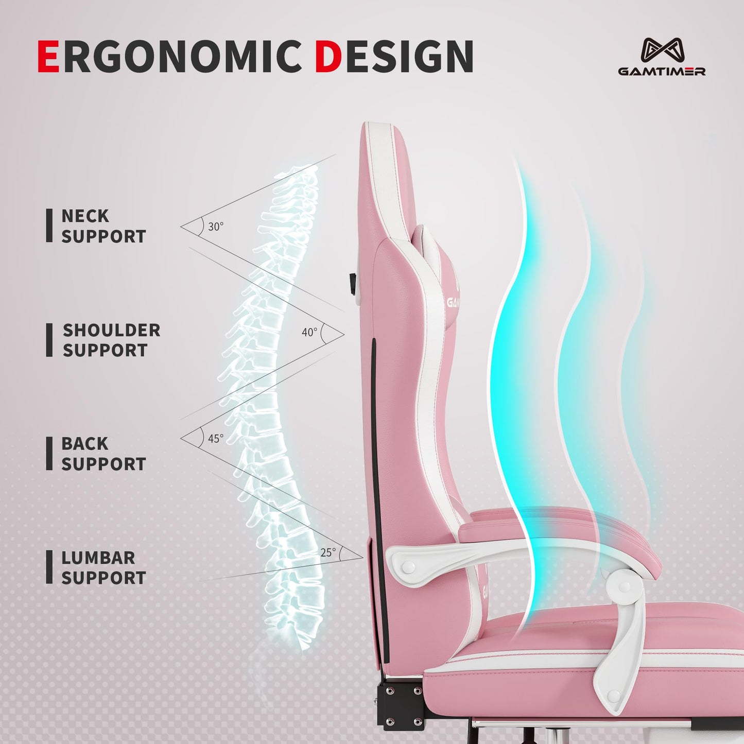 Gamtimer Gaming Chair with Footrest, Ergonomic Computer Chair, PU Breathable Material with Headrest and Lumbar Support, Suitable for Silla Gamer and Adults(Pink)