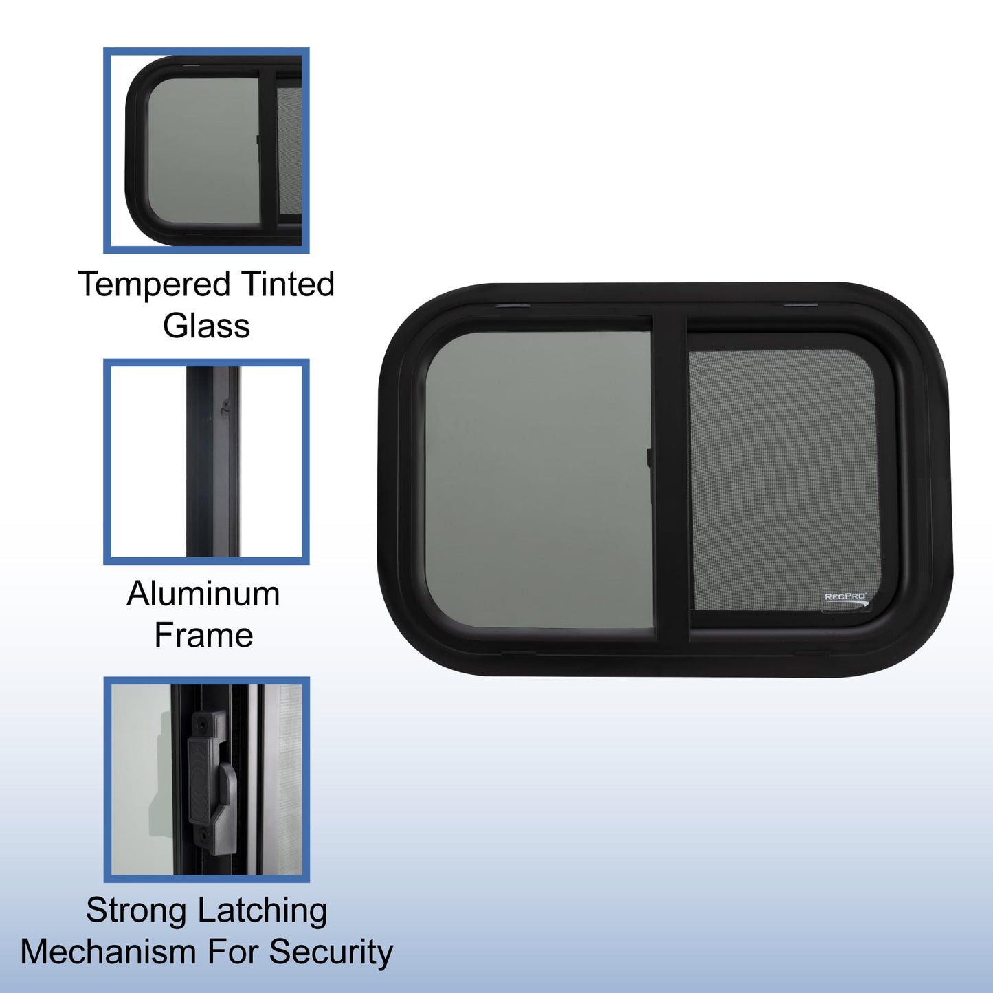 RecPro RV Window Replacement - Teardrop Style, Horizontal Sliding, 21inW x 14inH, Black, Model RP-WIN, Made in USA