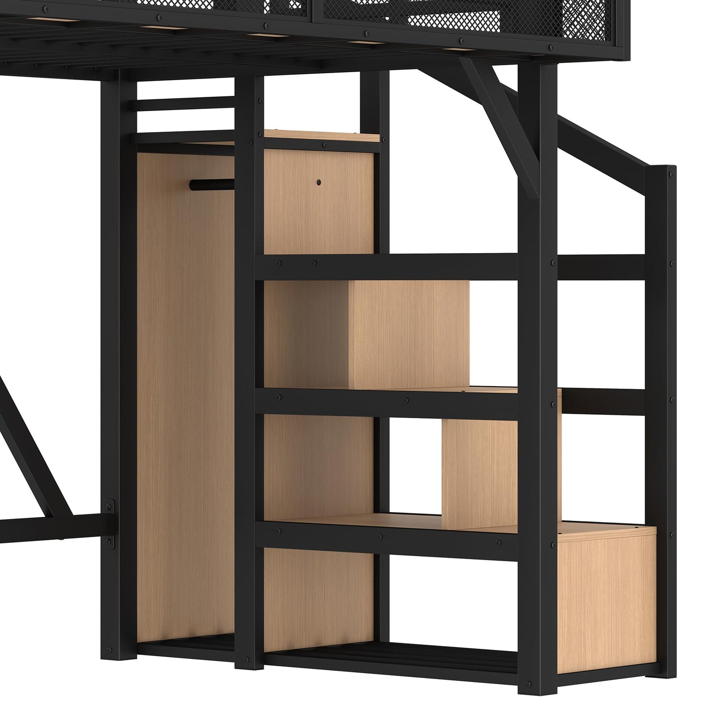 Bellemave Twin XL Size Loft Bed with Stairs and Wardrobe,Heavy Duty Metal Loft Bed Frame with Shelves,LED Lights and Charging Station for for Kids,Teens,Adults,Natural Wood