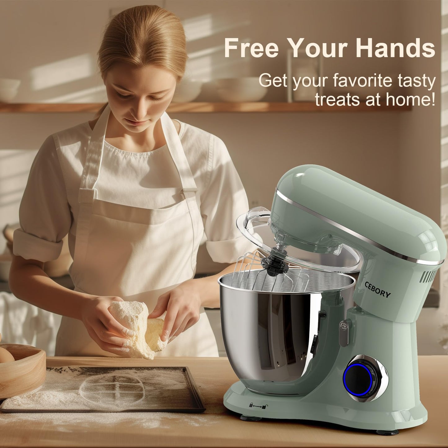 CEBORY 3-IN-1 Electric Stand Mixer, 6.5QT Bowl 660W 10-Speed Kitchen Mixer, Household Food Mixers include Dough Hook, Beater and Whisk, Bread Cake Mixer for Baking and Most Home Cooks, Green