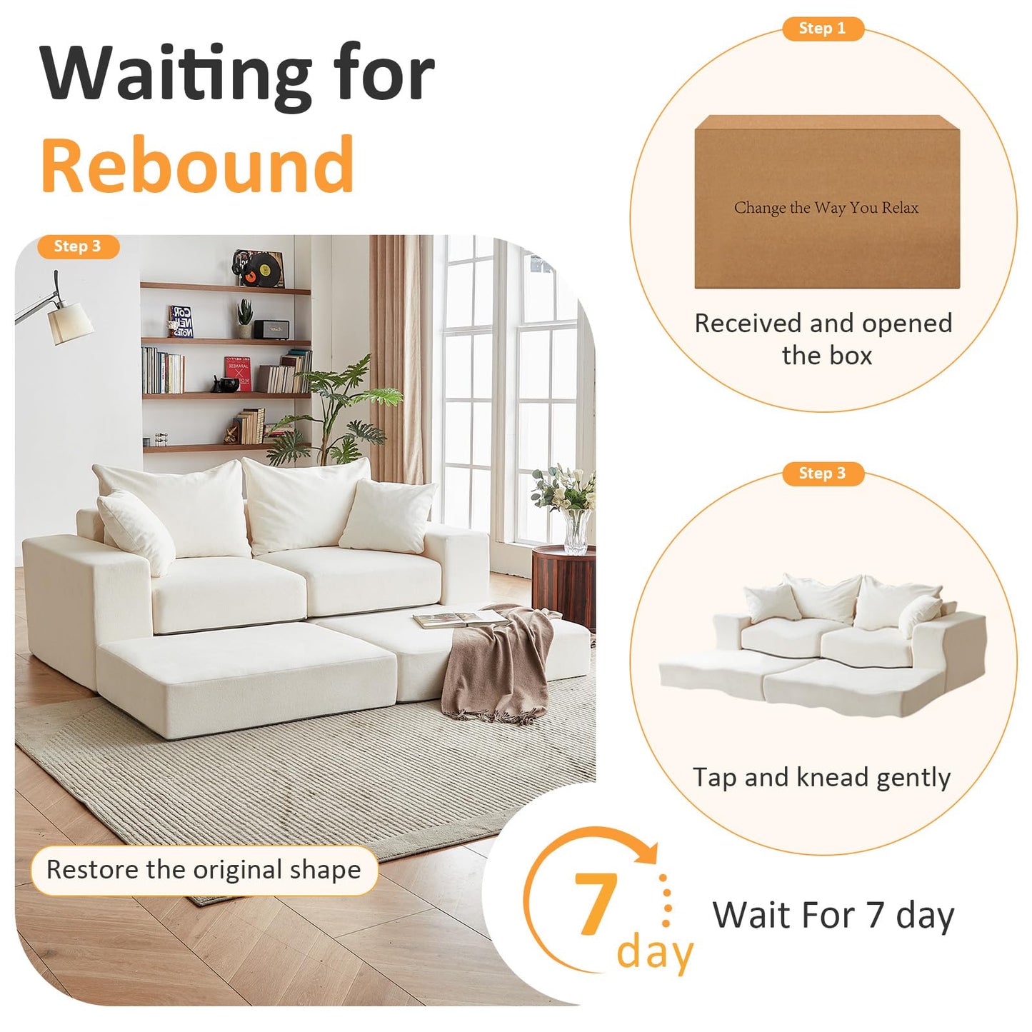 Modular Sectional Loveaeat Cloud Sofa, Boneless Couch with Non Slip Base, Modern Sleeper Sofa for Customizable Living Spaces, Cozy Modular Couch with L-Shape Chaise, Deep Seat & No Assembly, Beige