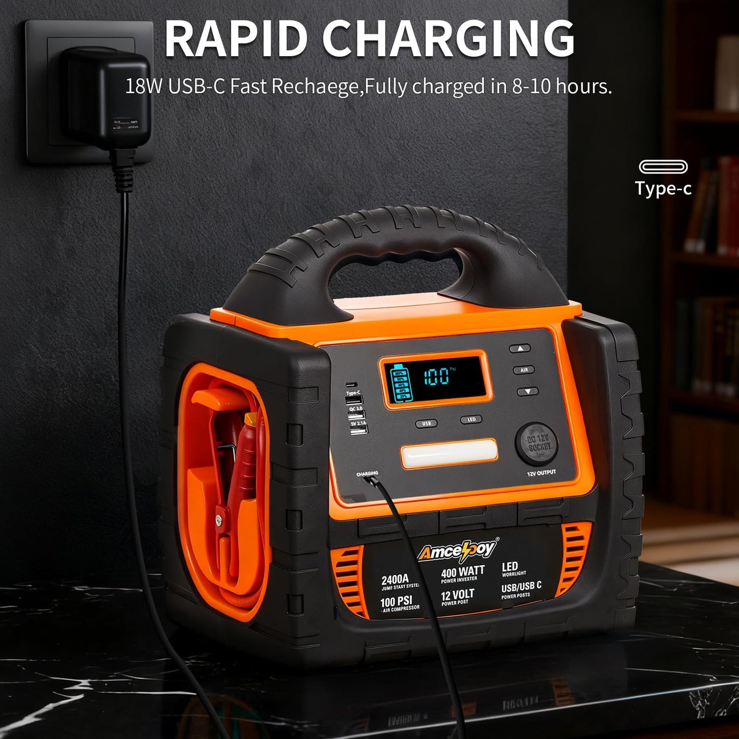 Amcelooy 2400A Car Battery Jump Starter and Portable Power Station – Starts 8.0L Gas & 8.0L Diesel – 6-in-1 Jump Starter with Air Compressor 100 PSI Tire Inflator – 400 Watt Inverter AC/DC/USB Outlets