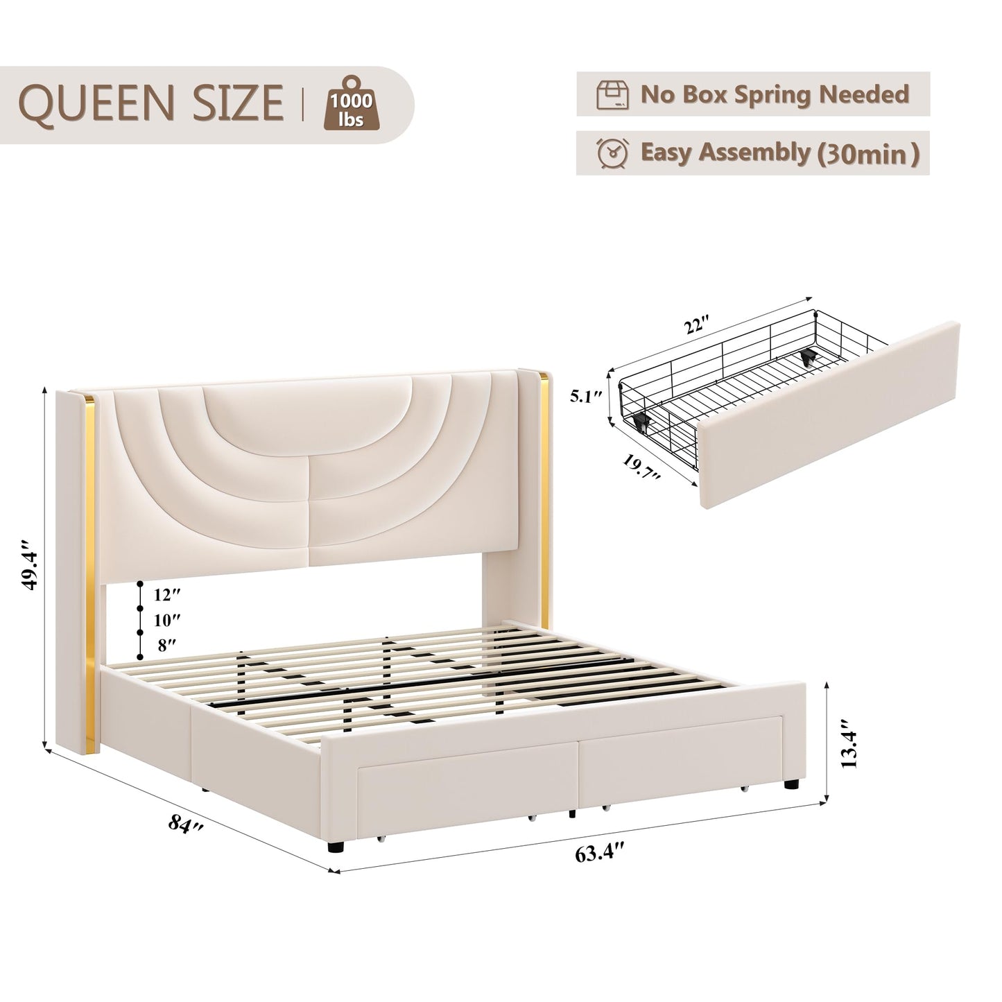 HITHOS Queen Upholstered LED Bed Frame with 2 Storage Drawers, Velvet Platform Bed with Wingback Headboard, Solid Wooden Slats Support, No Box Spring Needed, Headboard Splicing Design, Beige