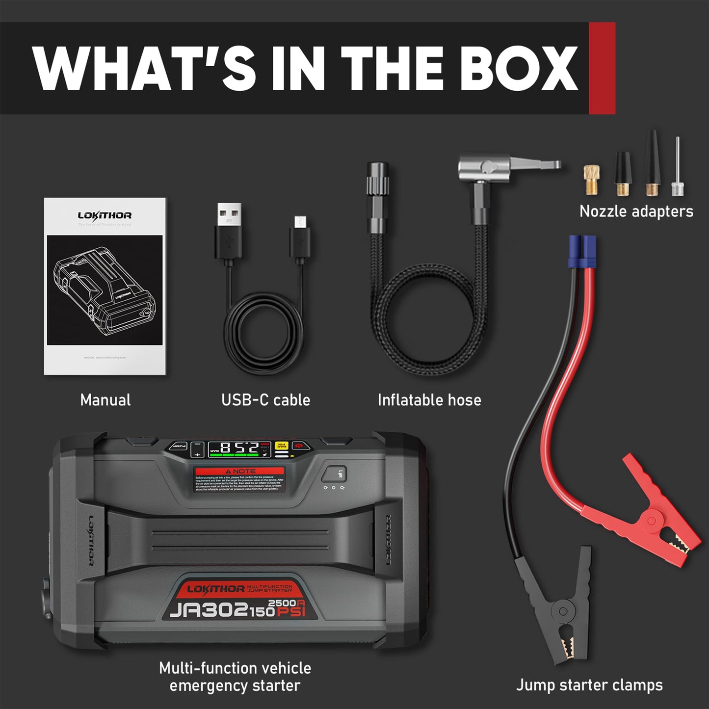 LOKITHOR JA302 Jump Starter with Air Compressor, 2500Amp 12V Portable Car Battery Booster Pack for Upto 8.5L Gas or 6.5L Diesel, 150 PSI Tire Inflator with Digital Screen, 36 Months Ultra-Long Standby