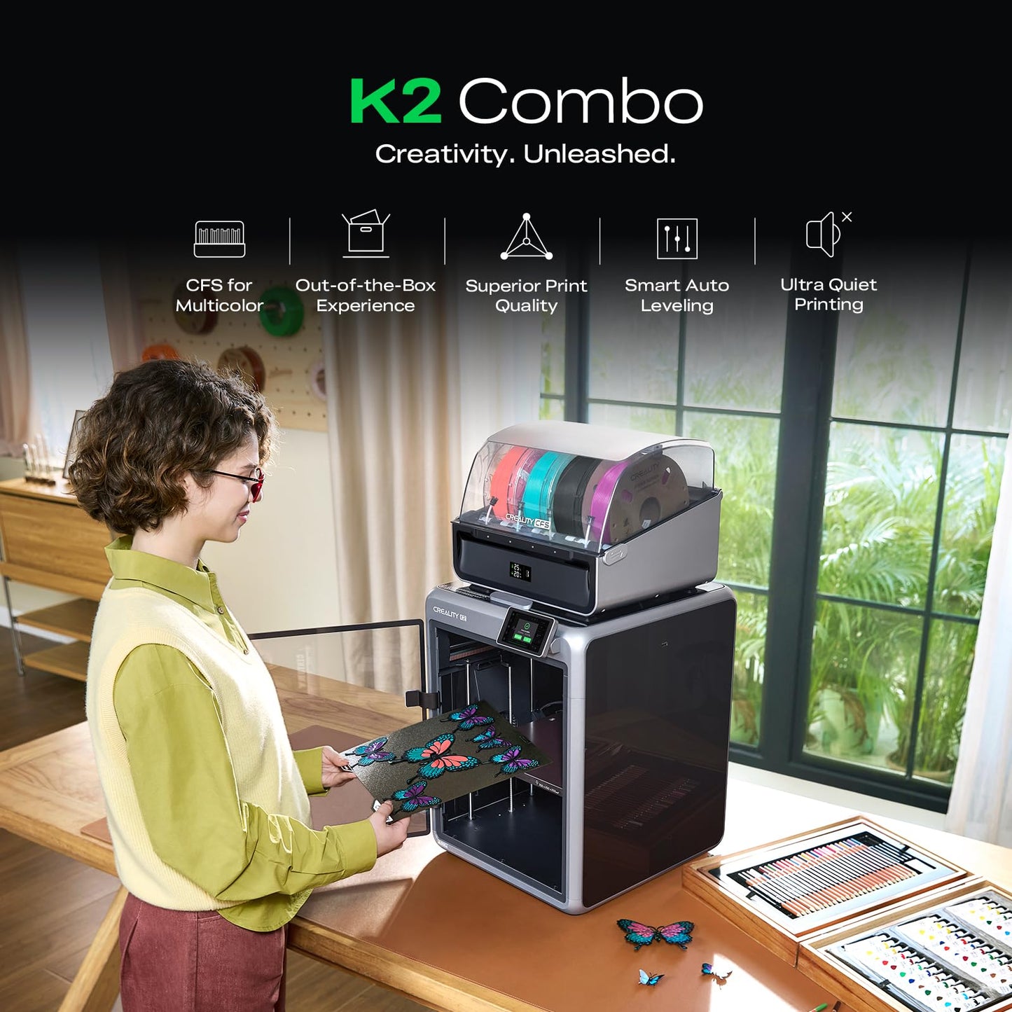 Creality K2 Combo 3D Printer, Multicolor Printing with CFS, High-Speed 600mm/s, Smart Auto Leveling, Quiet Printing, 300°C Nozzle, Dual AI Camera, Direct Drive Extruder, Build Volume 260x260x260mm