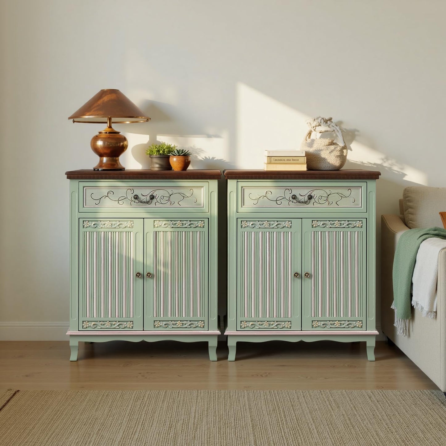 Ahokua Sage Green Accent Cabinet with Drawer and Textured Doors, Farmhouse Storage Cabinet with Adjustable Shelf, French Country Entryway Cabinet for Living Room, Hallway and Dining Room