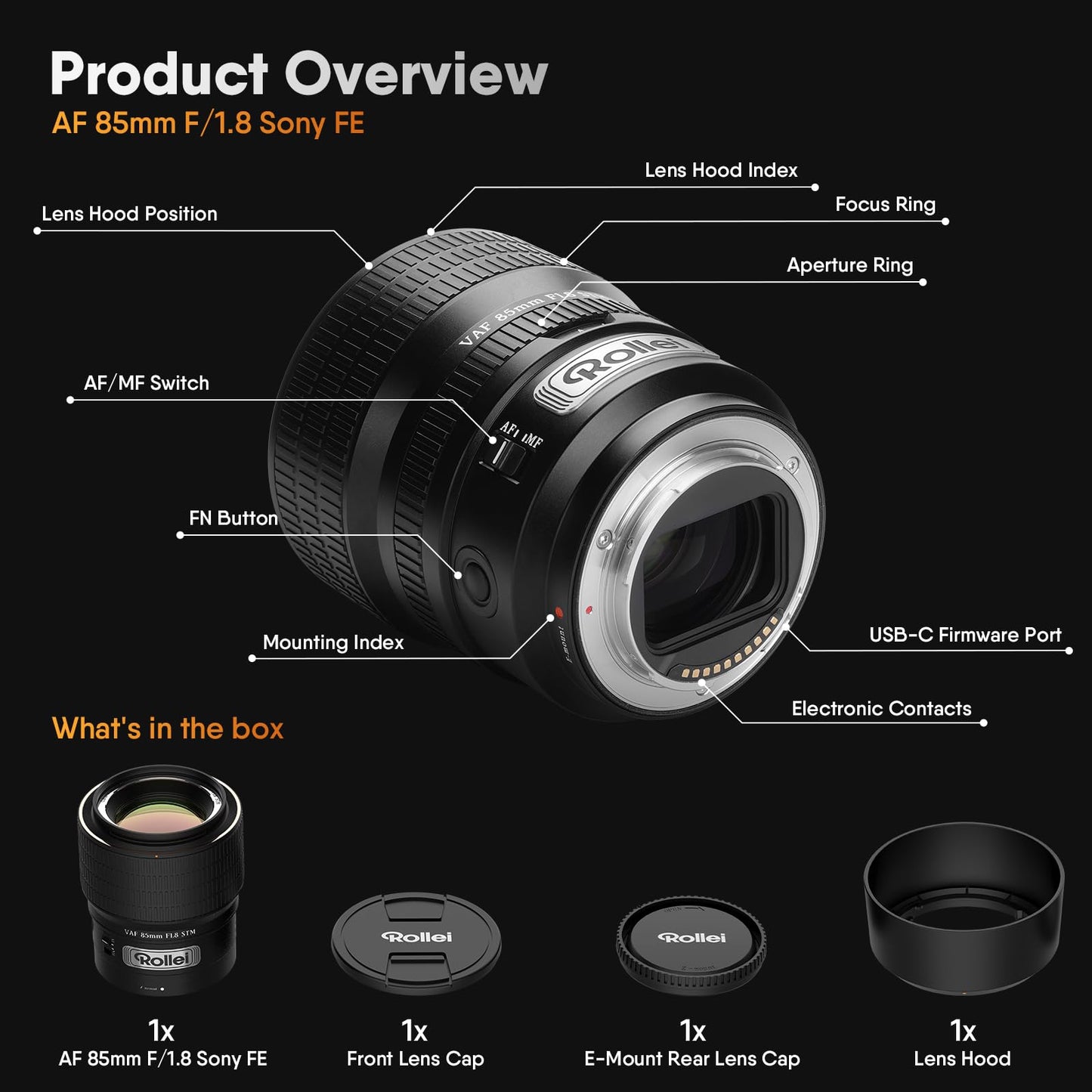 Rollei AF 85mm F/1.8 Lens,STM Autofocus,HFT-X Coating,Mount Cameras,Full Metal Body,477g,Compatible with APS-C,for Sony FE