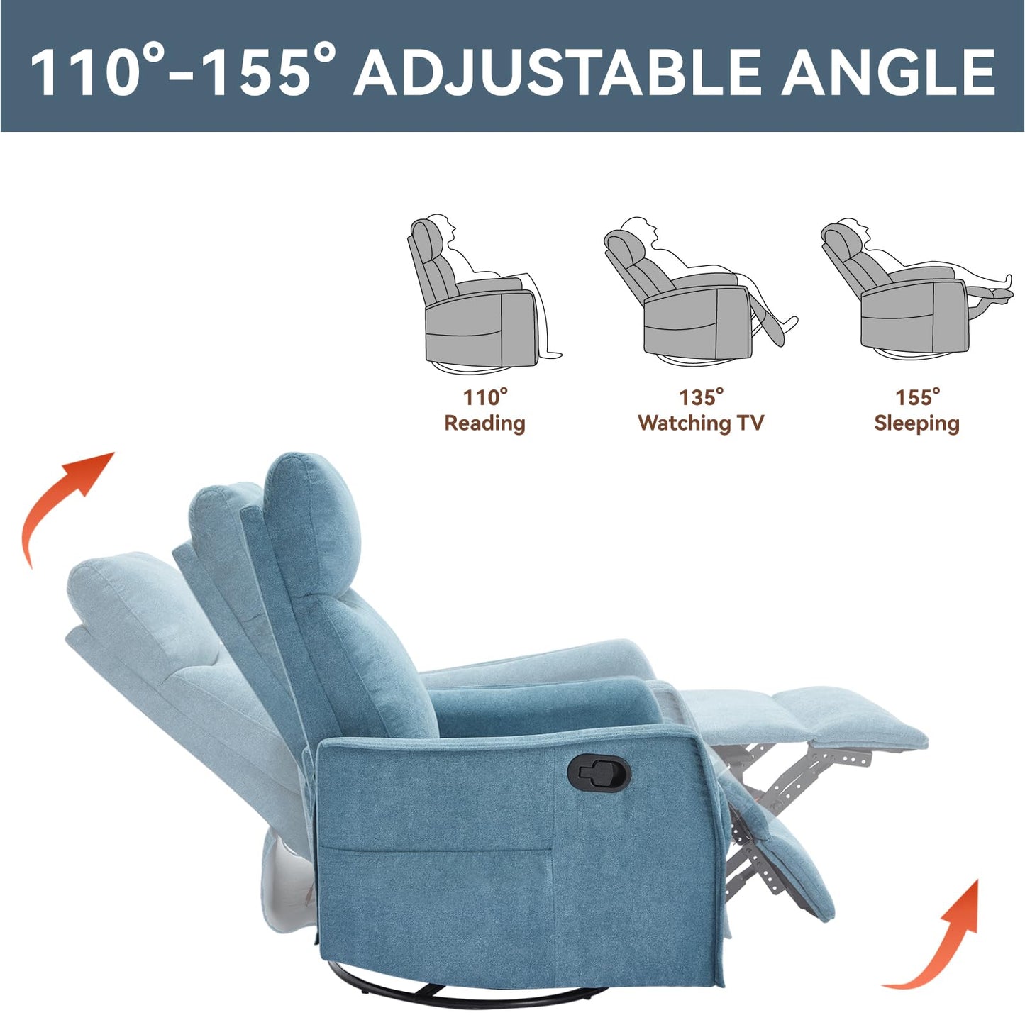 KEIKI 4-in-1 Manual Swivel Rocker Recliner Chair for Home Living Room, Polyester Chair with Back Massager & Heat, Home Theater Seating with Lumbar Support, 155 Perfect Angle Providing a Natural, Blue
