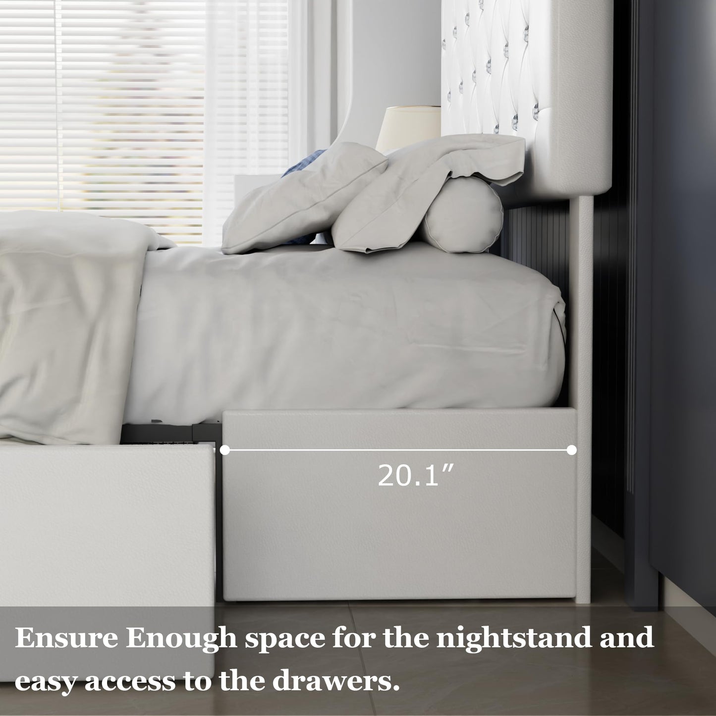 VECELO Full Size Bed Frame with 3 Storage Drawers, Leather Upholstered with Diamond Tufted Headboard, Solid Wood Slat Support & Steel Framework, PU & White