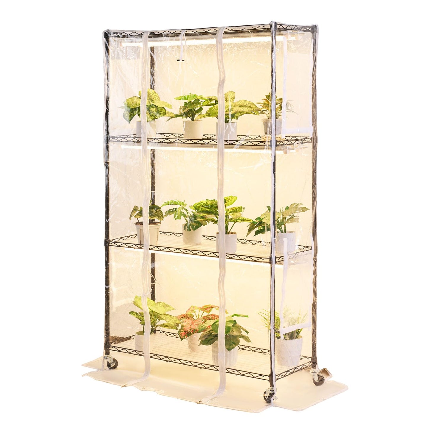 VEVOR Indoor Greenhouse with Grow Light, 59 in Tall 4-Tier Plant Stand with Clear Cover, Timer & Hygrometer, 180W Full Spectrum Grow Lights, Metal Lighted Plants Shelf Holder for Indoor Plants