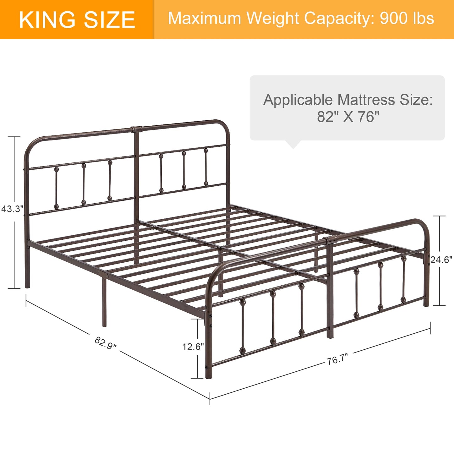 VECELO King Size Victorian Style Metal Bed Frame with Headboard Classic Metal Platform Bed Frame Mattress Foundation with Footboard/Under Bed Storage/No Box Spring Aple