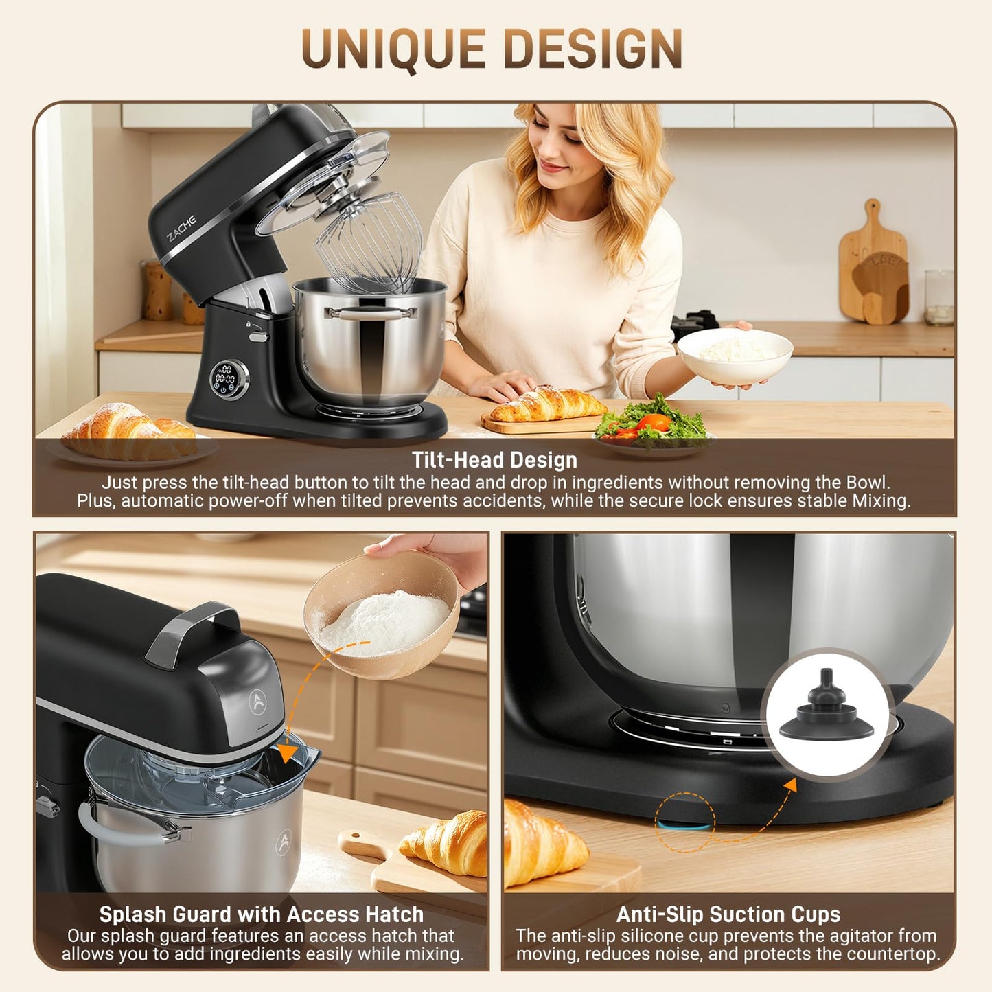 ZACME 7 Quart Stand Mixer Aluminum Die Casting, 650W 12 Speed Tilt-Head Kitchen Electric Stand Mixer, Household Food Mixer with Stainless Steel Bowl, Dough Hook, Whisk and Beater (Black)