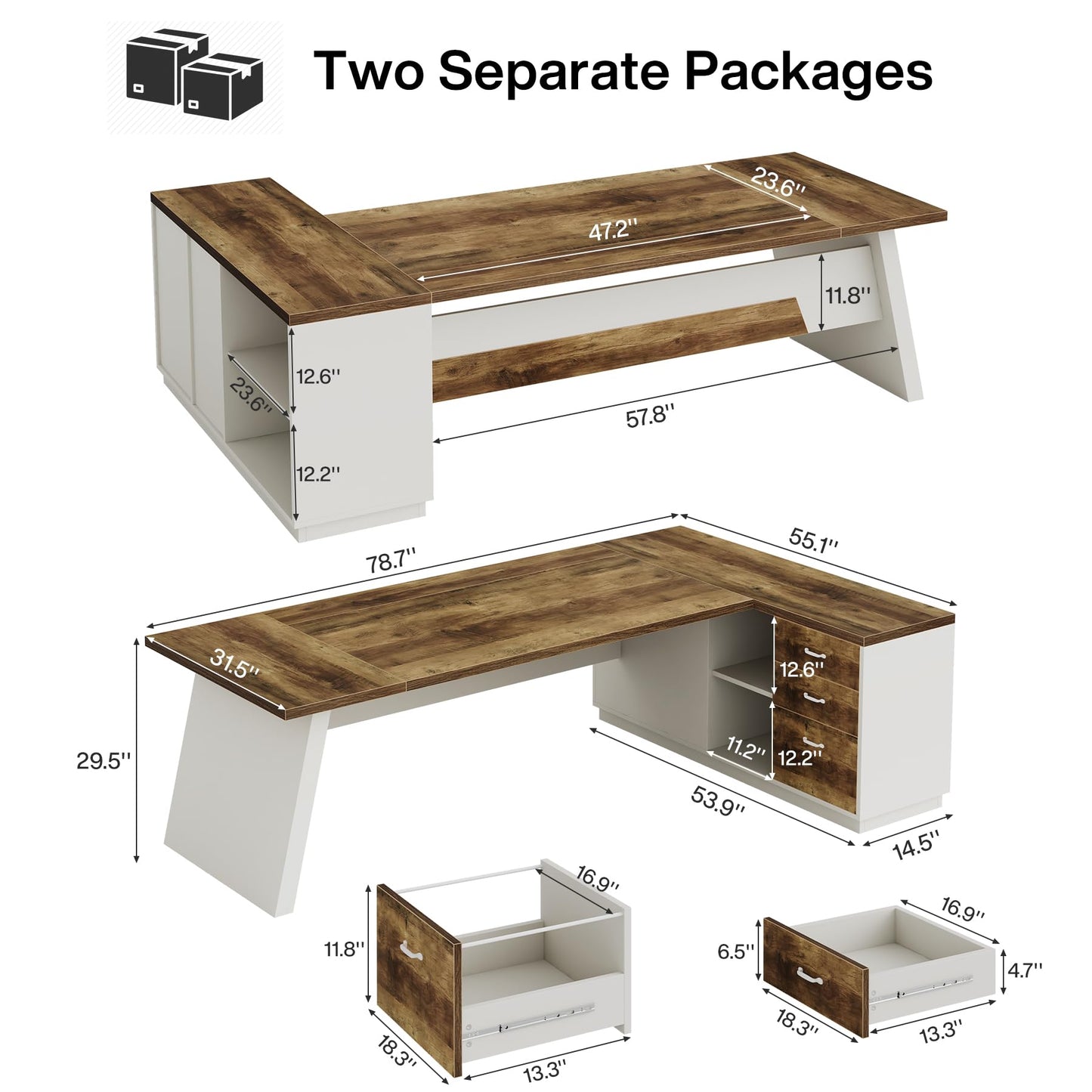 Tribesigns 78" L-Shaped Executive Desk, Large Modern Office Desk with Drawers and Lateral File Cabinet, Business Furniture with Storage Shelves, Big Computer Desk for Home Office (Brown + White)