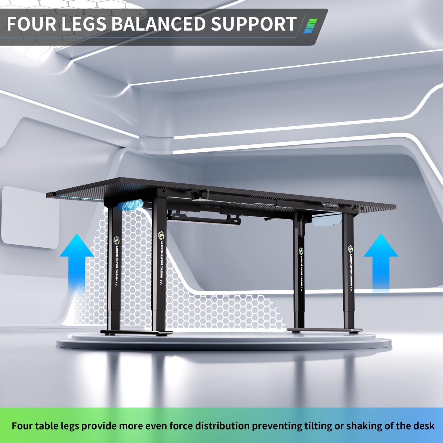 Klobel 71" Gaming Standing Desk for Gamers & Streamers, 4-Leg Electric Sit Stand Desk with LED Lights, Flip-Top Cable Management, Stable Computer Desk with Wheels