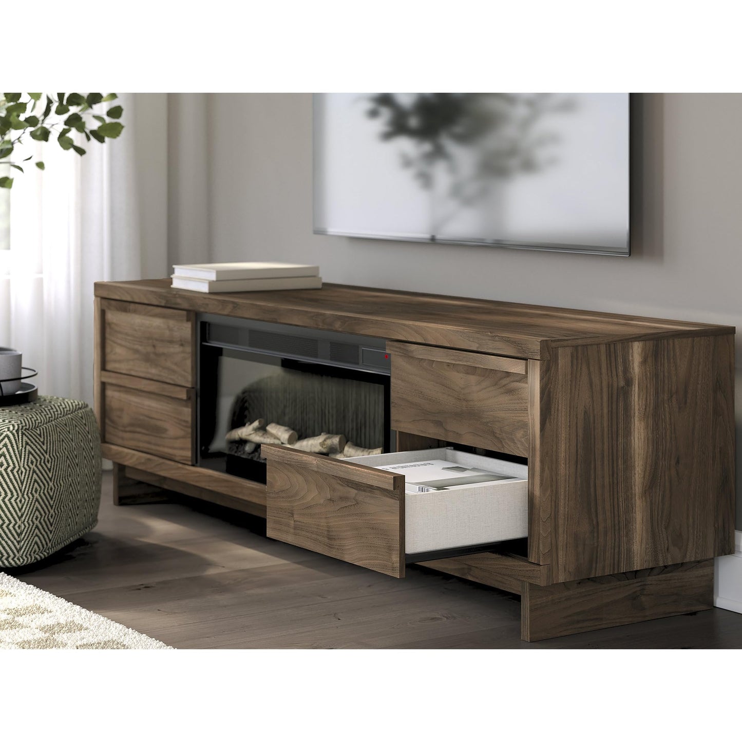 Signature Design by Ashley Zadilyn Mid-Century Modern 72" TV Stand with Electric Fireplace for TVs up to 82", Dark Brown
