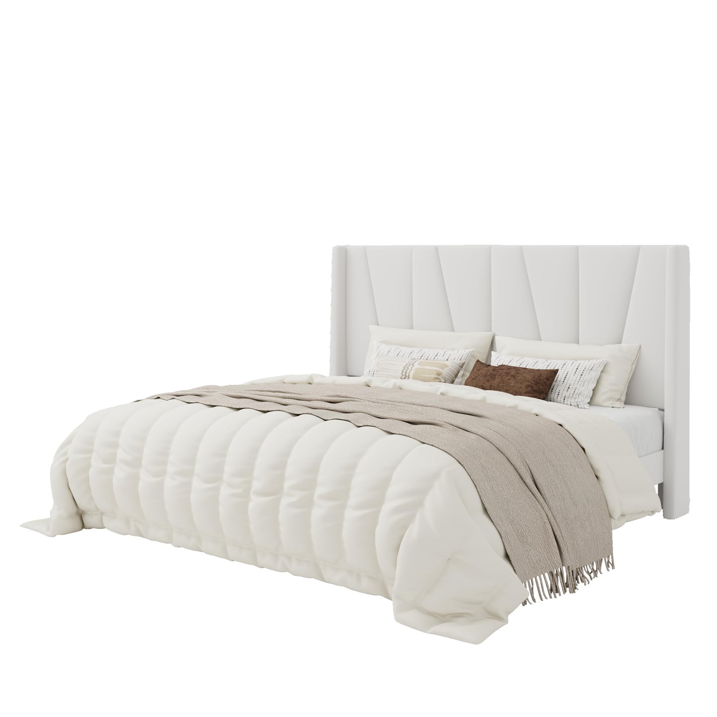 SHA CERLIN King Size Velvet Bed Frame with Geometric Wingback Headboard, Upholstered Platform Bed with Wooden Slats Support, 8" Under-Bed Space, No Box Spring Needed, Easy Assembly, Cream