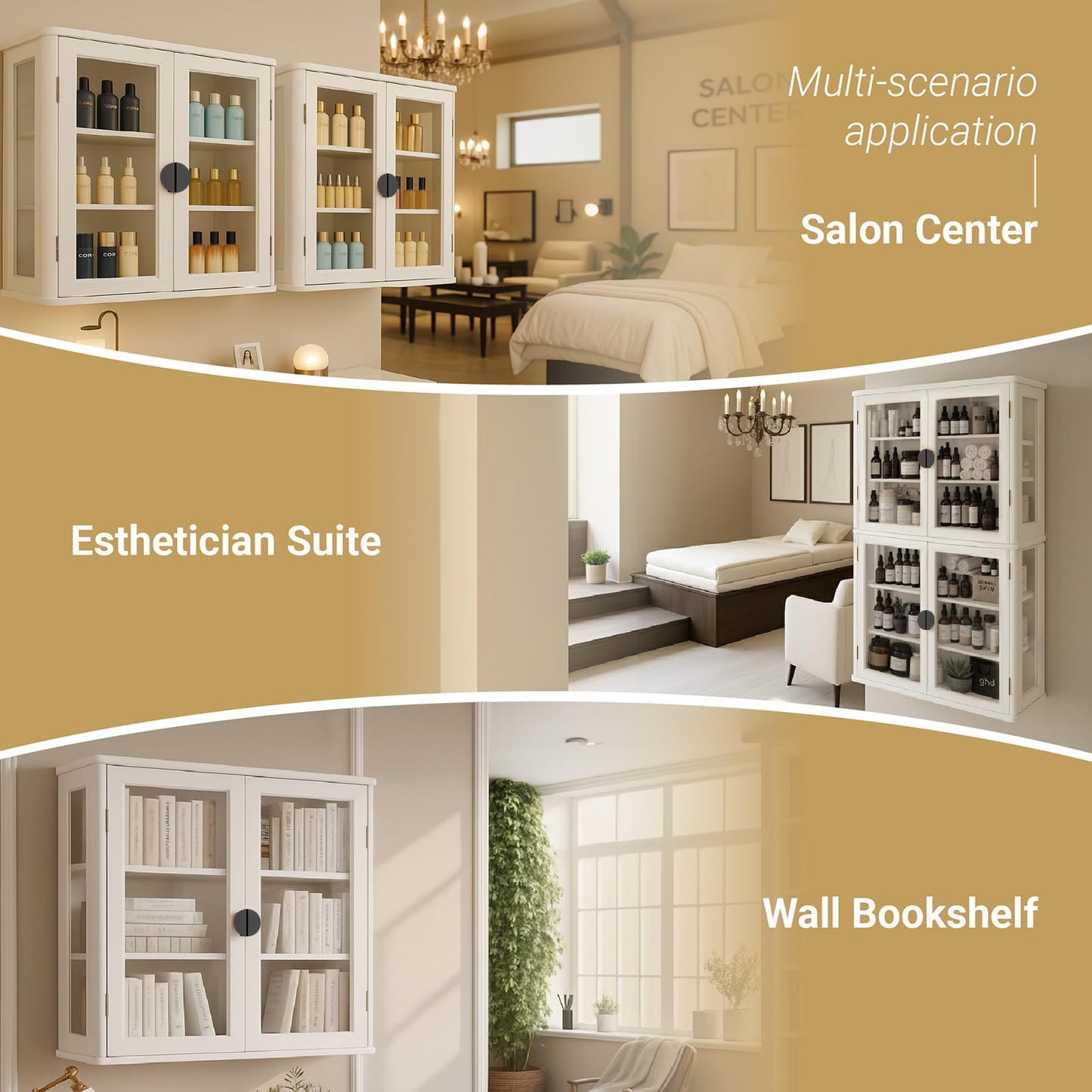FIMELLO 56’’W Wall Cabinet with Tempered Glass Doors, Bathroom Cabinet Wall Mount, Kitchen Wall Cabinet, Floating Cabinet for Bathroom, Wall Mount Salon Station for Barber, Beauty, White