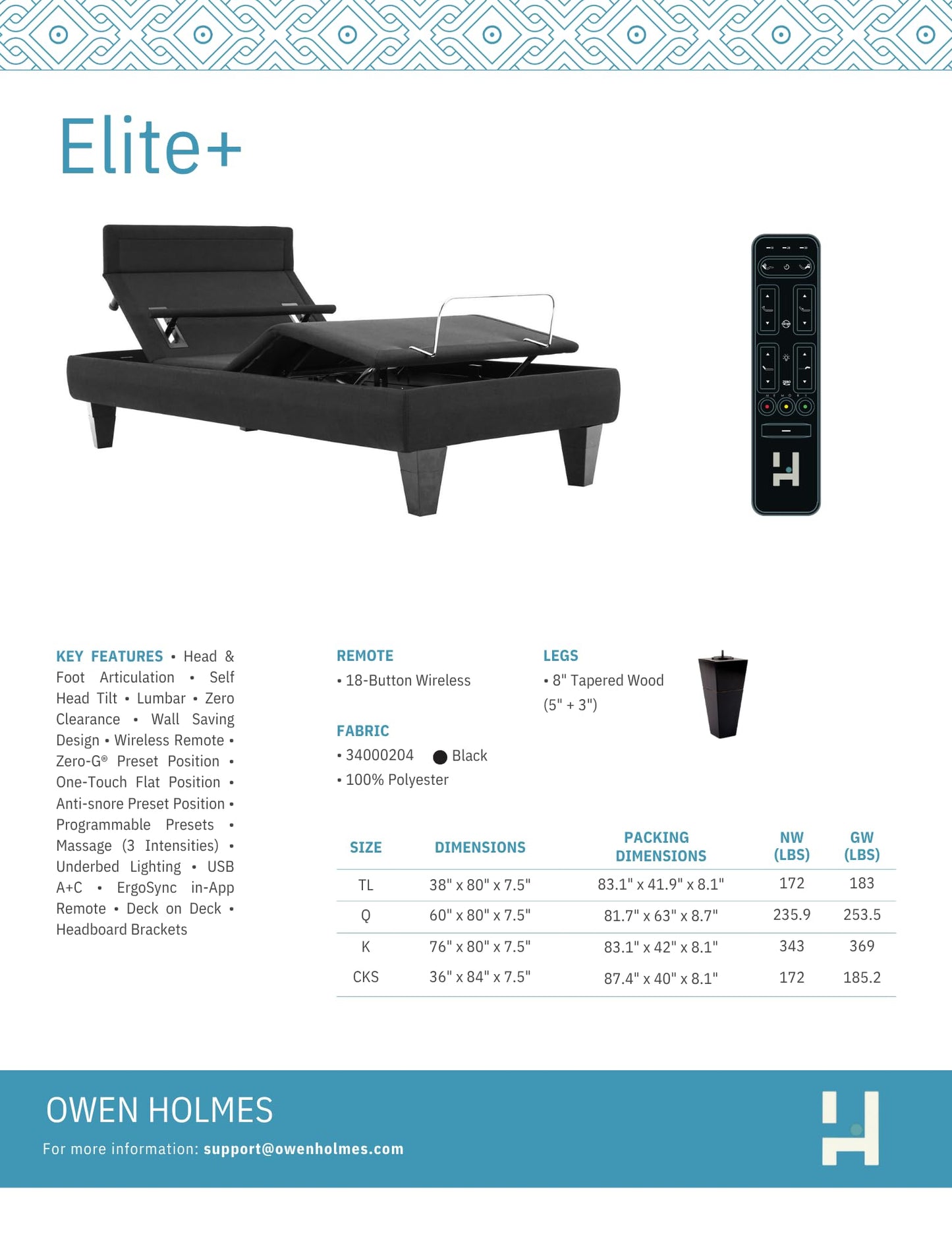Owen Holmes Rio 6.0 Elite+ Adjustable Bed Base – Wireless Remote & App, Dual Massage Motors, USB-A & C Ports, Lumbar Support, Head & Foot Tilt, Deck-on-Deck, Twin XL