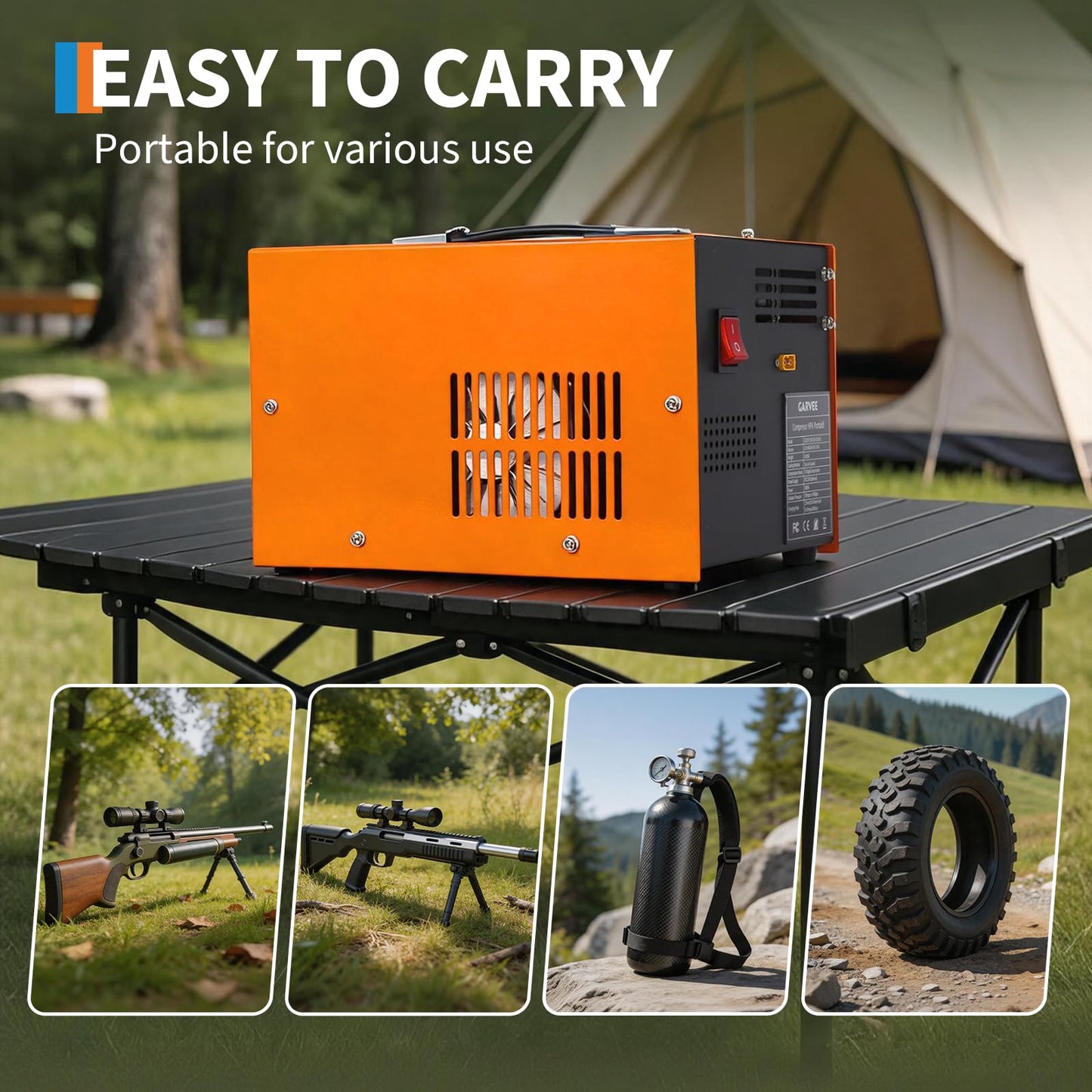PCP Air Compressor, 4500PSI/30Mpa, 300W Oil-Free Fast Fill Pump with Built-in Manual-Stop, Dual Power 12V DC & 110V/220V AC, Portable Air Pump for Airguns, Air Rifle, Paintball, HPA Tanks(Compact)