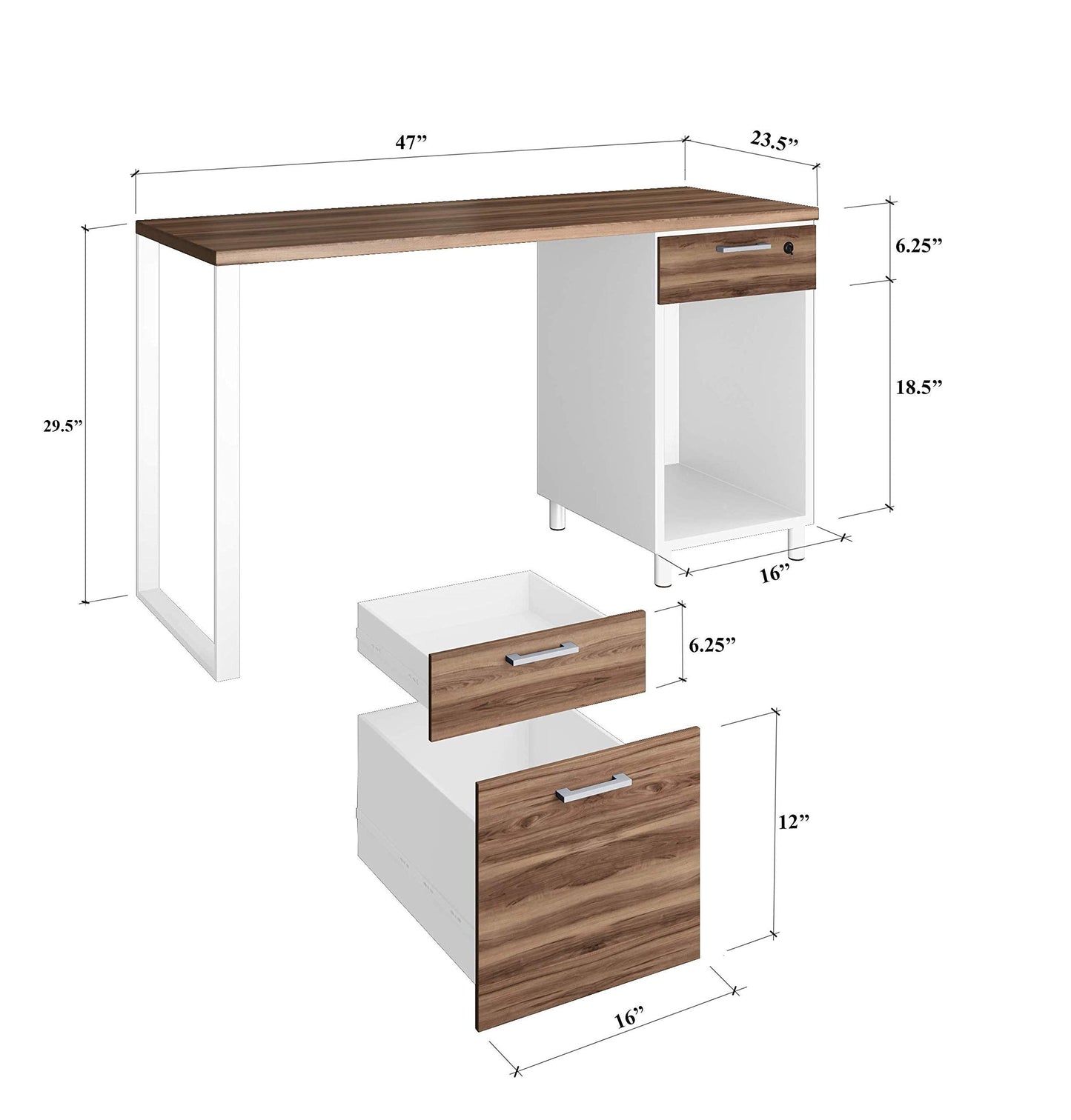 Modern Design Milano Office Desk with 3 Locking Drawers, 48 Inch White and Walnut Industrial Wood Desk with Filing Drawer and Storage, by Crafts and Comfort