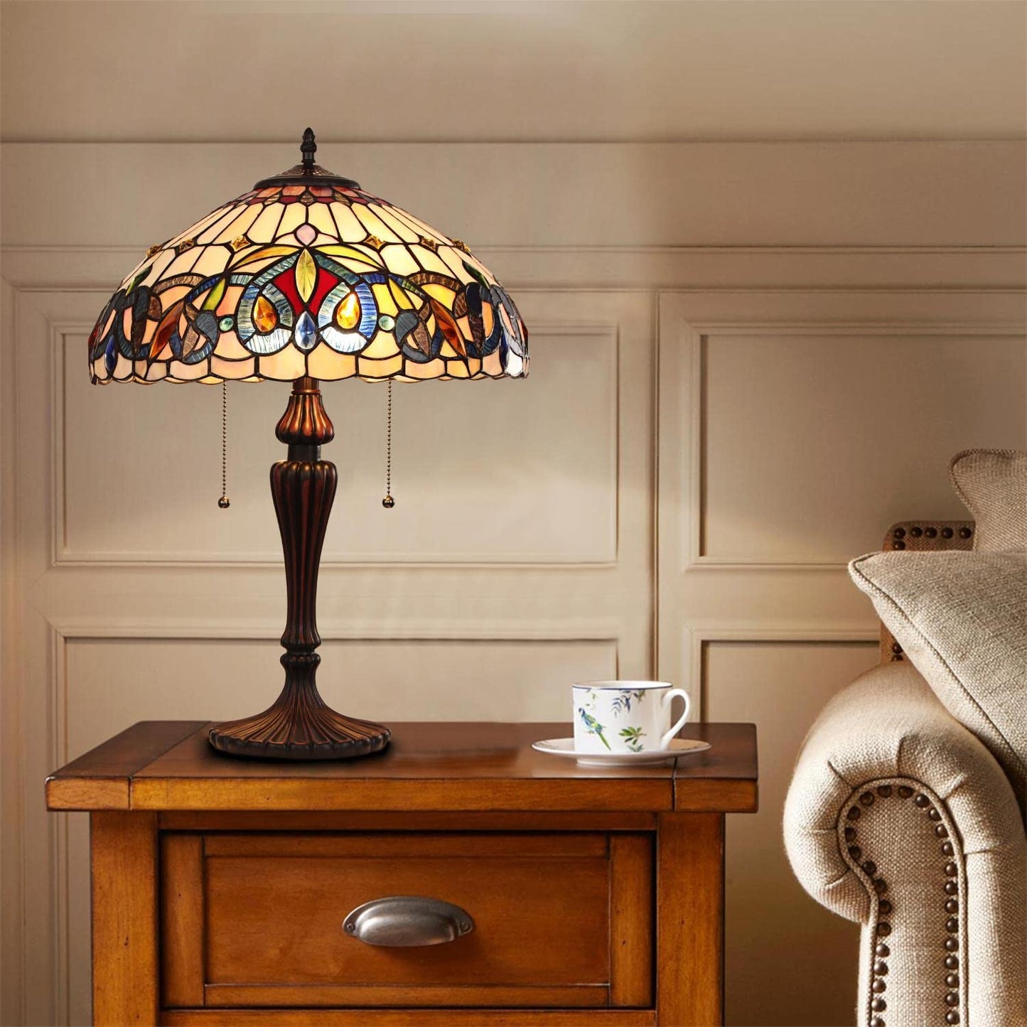 Chloe Lighting Tiffany-Style Table Lamp, Multicolor Glass, 16in Wide, Model CH3T353BV16-TL2, Dark Bronze Finish