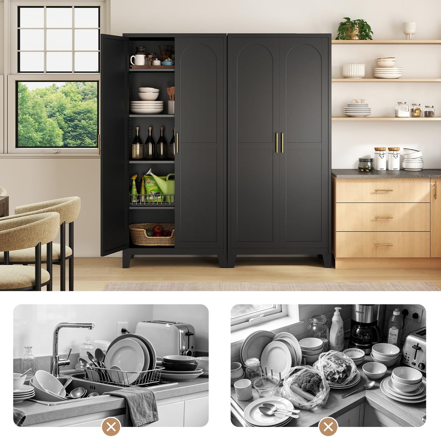 Zevemomo 70.87" H Metal Kitchen Pantry Cabinet, Freestanding Cupboard with 2 Doors and 4 Adjustable Shelves, Tall Metal Storage Cabinet for Kitchen, Bathroom, Dinning Room or Laundry Room (Black)