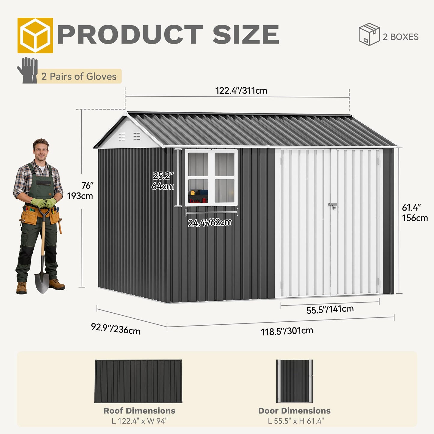 DWVO 10' x 8' Outdoor Storage Shed, Waterproof Metal Garden Shed with Windows, Lockable Doors, and Sloped Roof for Patio, Backyard, Lawn, Tool Storage, Bike Shed, Pet Shelter (Gray + White)