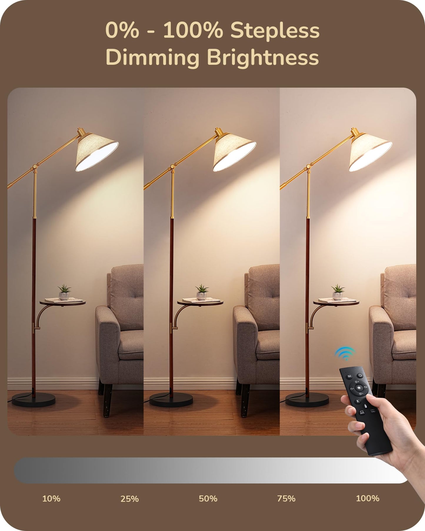 EDISHINE 68in Arc Floor Lamp, Vintage Design, Remote Dimmable Bulb, Beige Shade, Adjustable Arm, Wood Grain Finish, Model HFLEF1